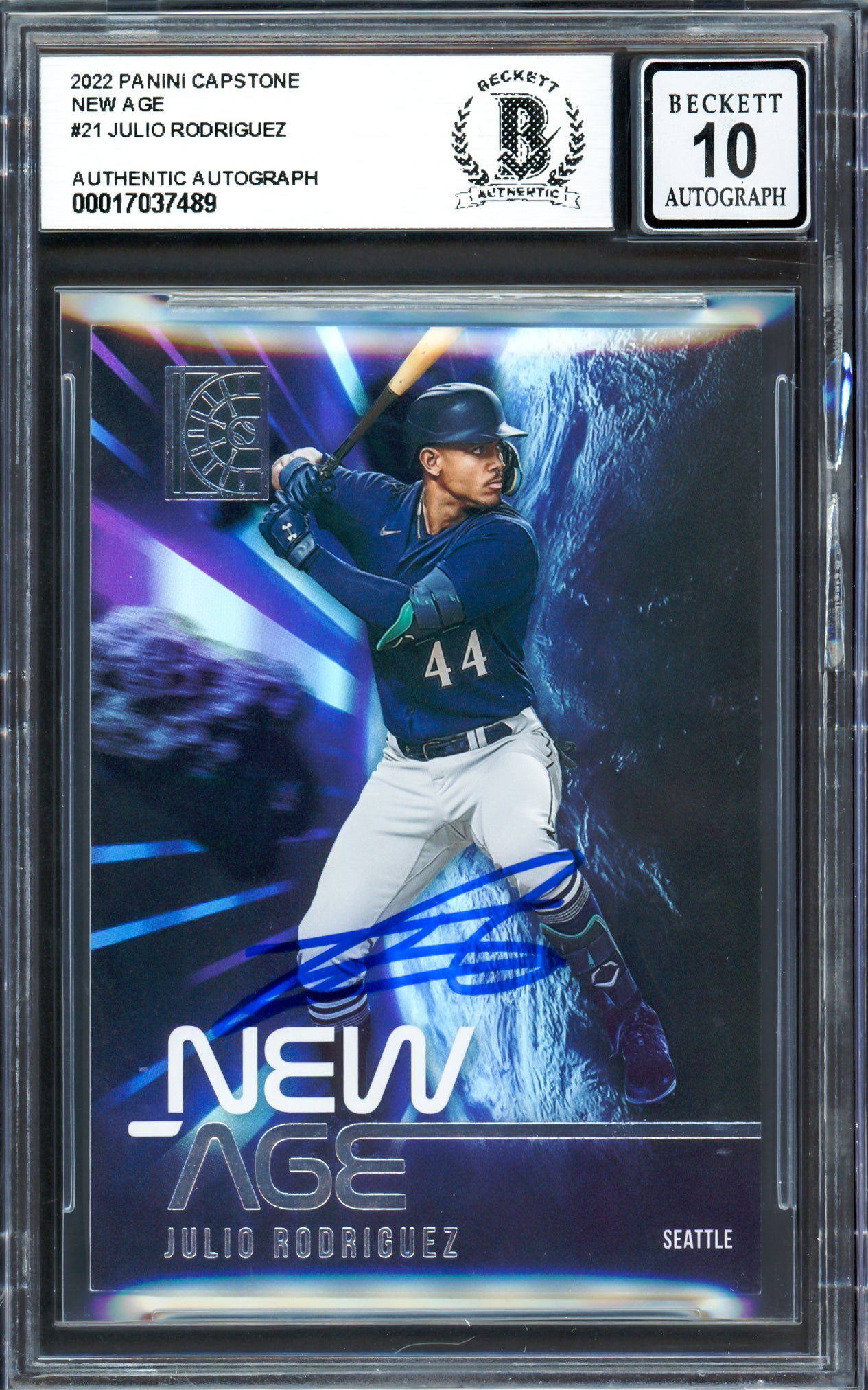 Julio Rodriguez Autographed 2022 Panini Capstone New Age Rookie Card #NA-21 Seattle Mariners Auto Grade Gem Mint 10 Beckett BAS #17037489