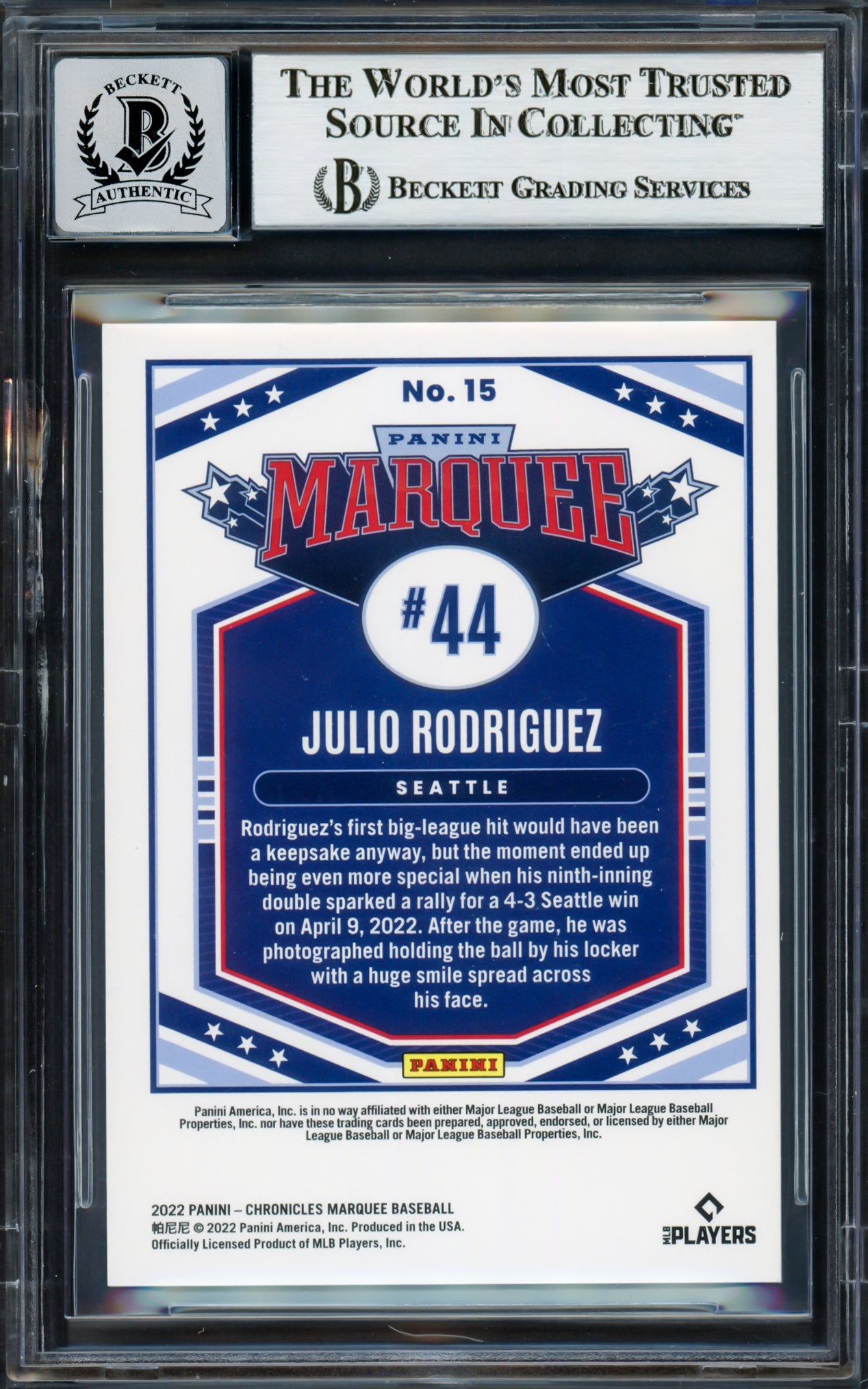 Julio Rodriguez Autographed 2022 Panini Marquee Rookie Card #15 Seattle Mariners Auto Grade Gem Mint 10 Beckett BAS #17037778
