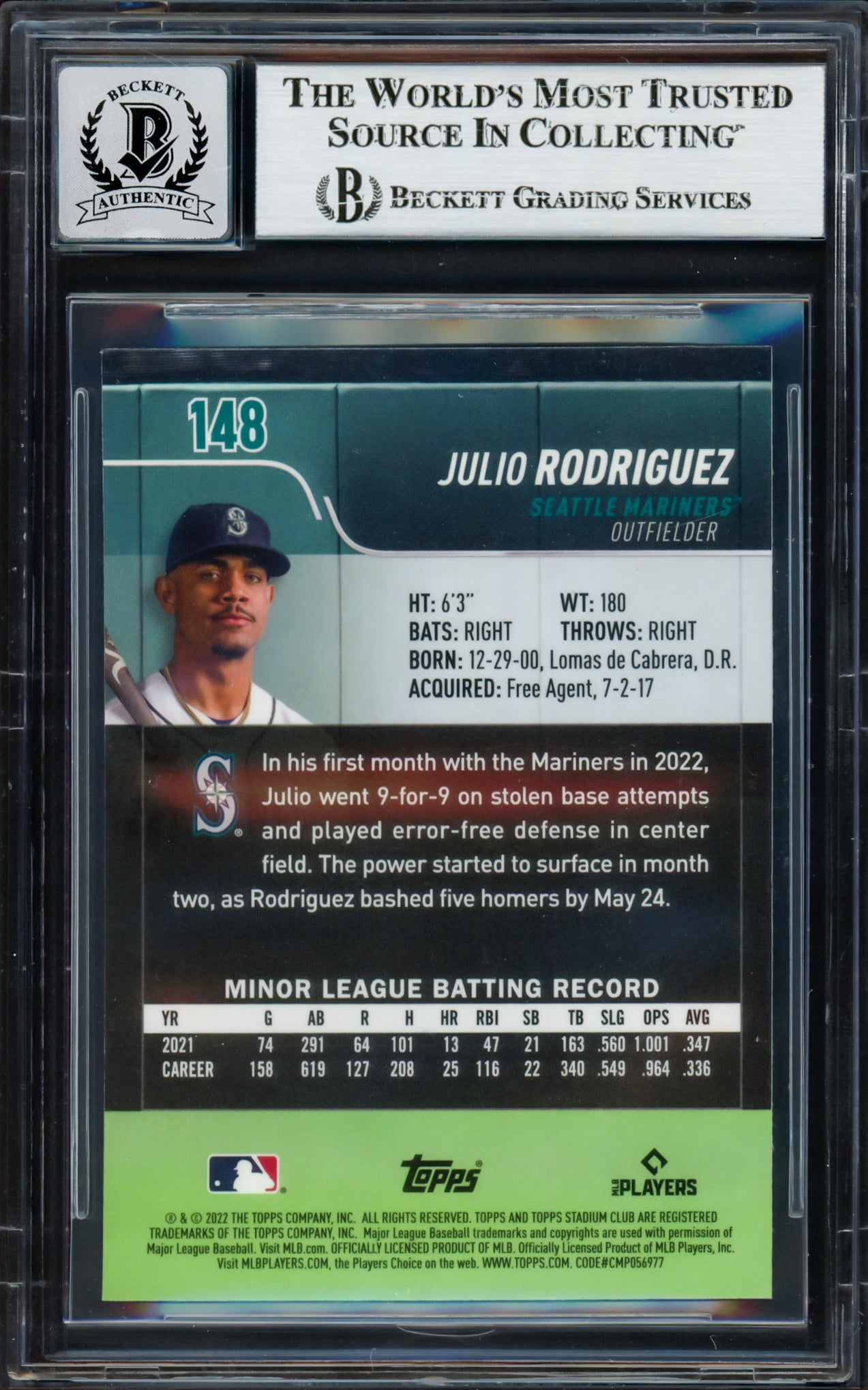 Julio Rodriguez Autographed 2022 Stadium Club Chrome Rookie Card #148 Seattle Mariners Auto Grade Gem Mint 10 Beckett BAS #17037765