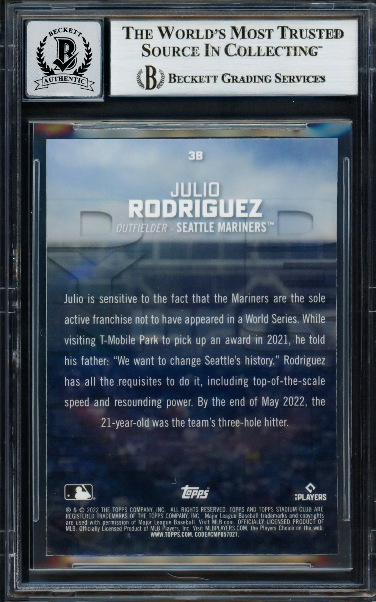 Julio Rodriguez Autographed 2022 Stadium Club Chrome Destiny Rookie Card #3B Seattle Mariners Auto Grade Gem Mint 10 Beckett BAS #17037809