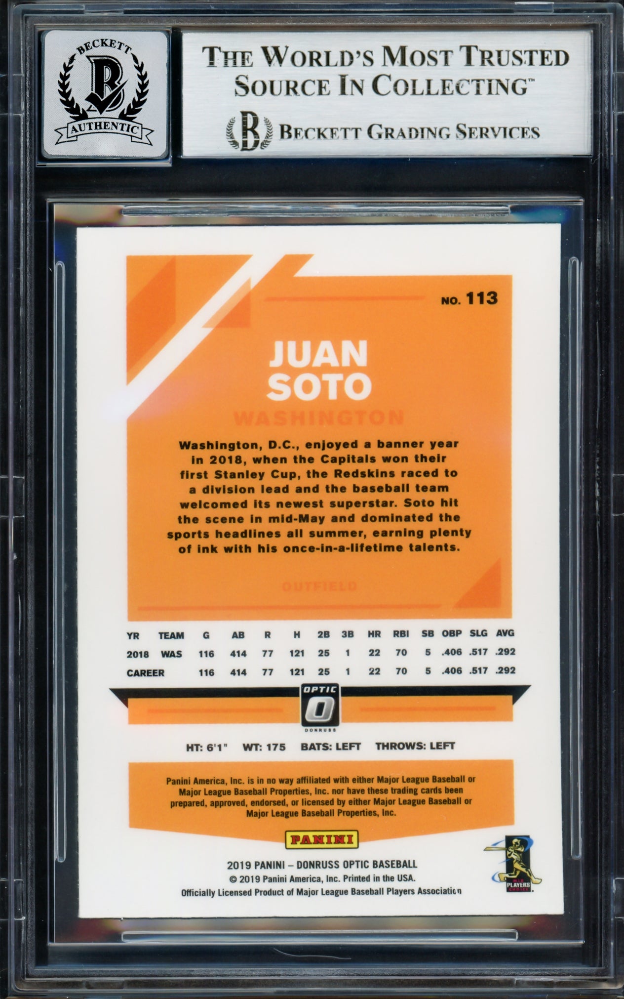 Juan Soto Autographed 2019 Donruss Optic Card #113 New York Mets Auto Grade Gem Mint 10 Beckett BAS #17039202