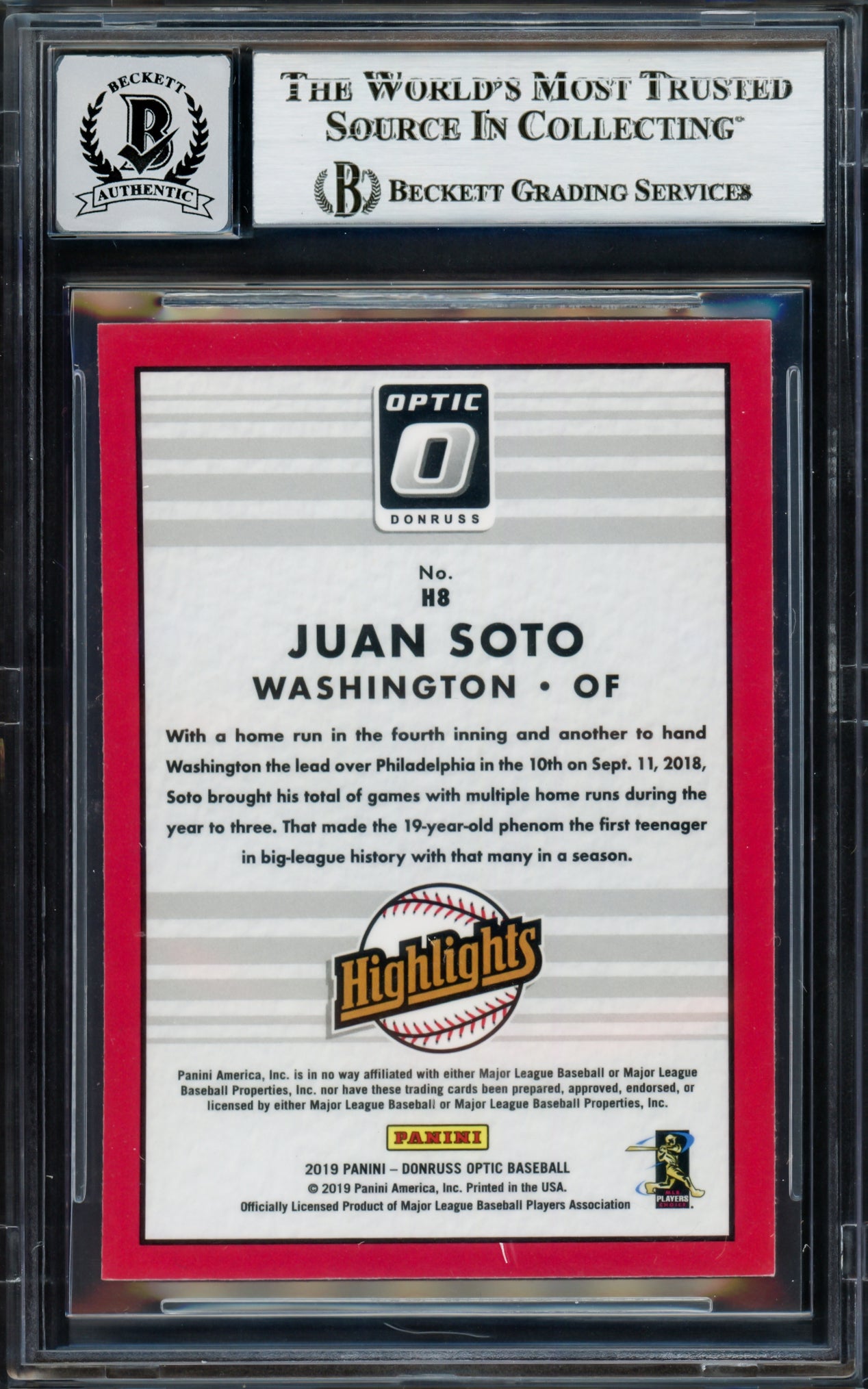 Juan Soto Autographed 2019 Donruss Optic Highlights Card #H8 New York Mets Auto Grade Gem Mint 10 Beckett BAS #17039205