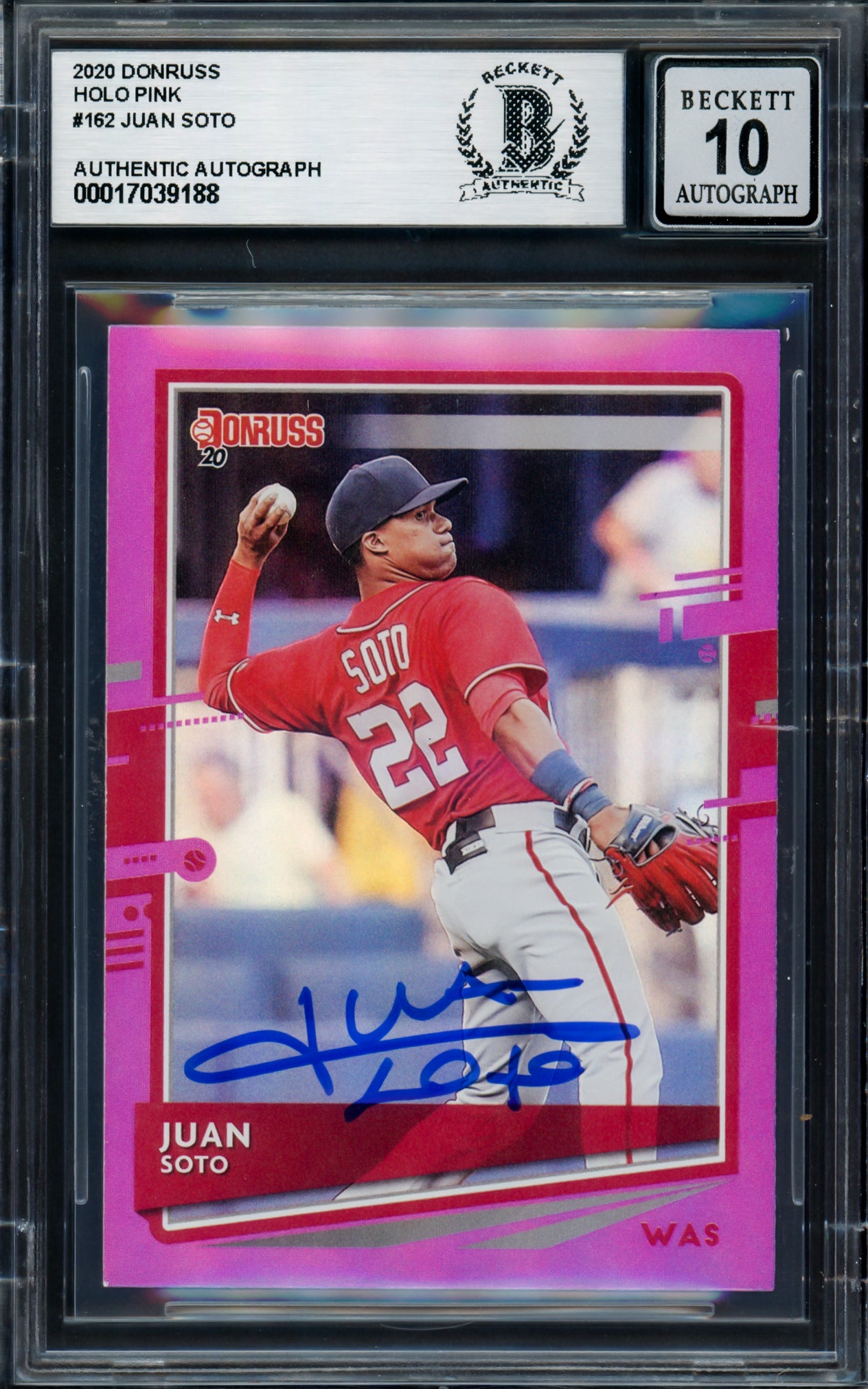 Juan Soto Autographed 2020 Donruss Holo Pink Card #162 New York Mets Auto Grade Gem Mint 10 Beckett BAS #17039188