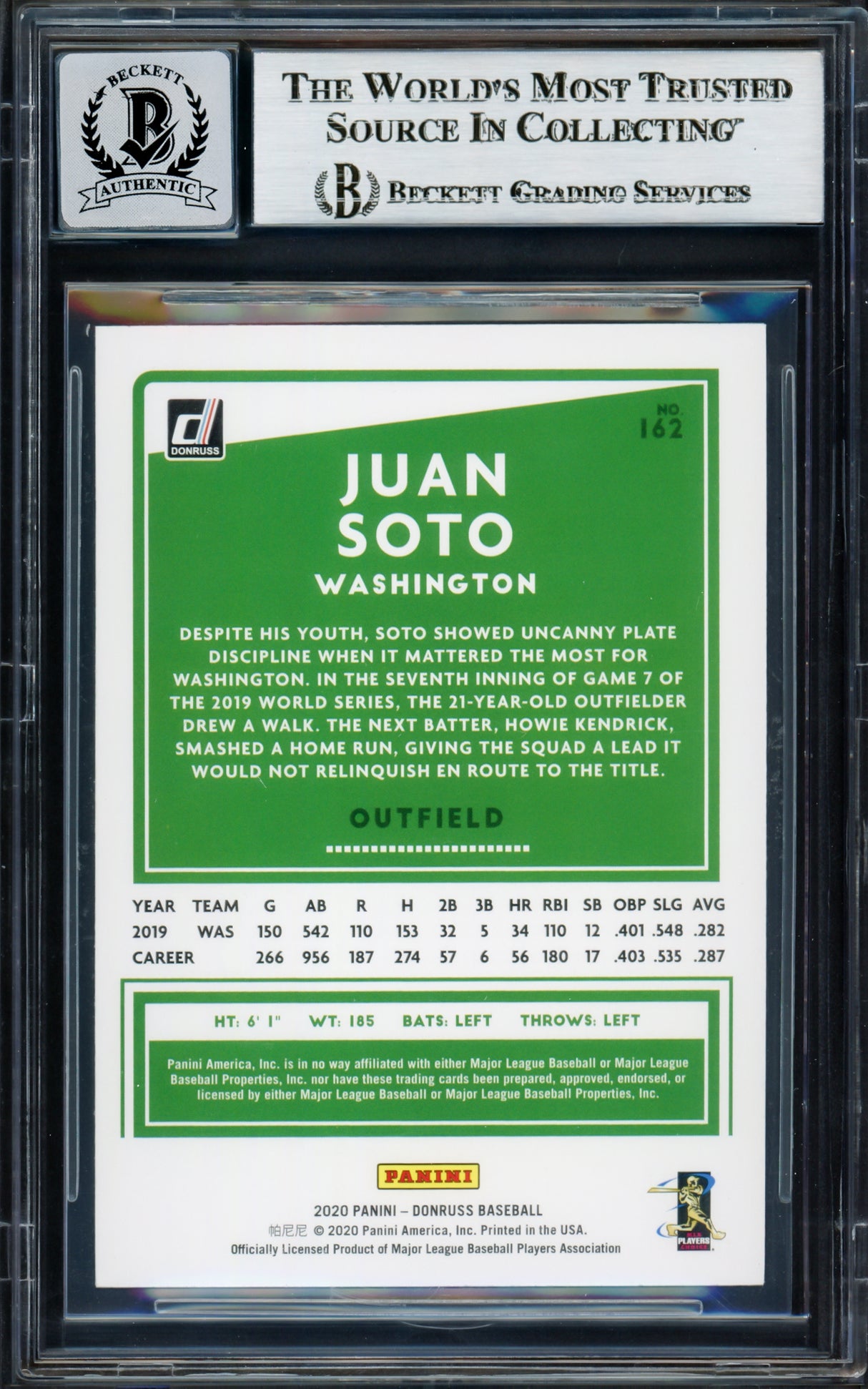 Juan Soto Autographed 2020 Donruss Holo Pink Card #162 New York Mets Auto Grade Gem Mint 10 Beckett BAS #17039188