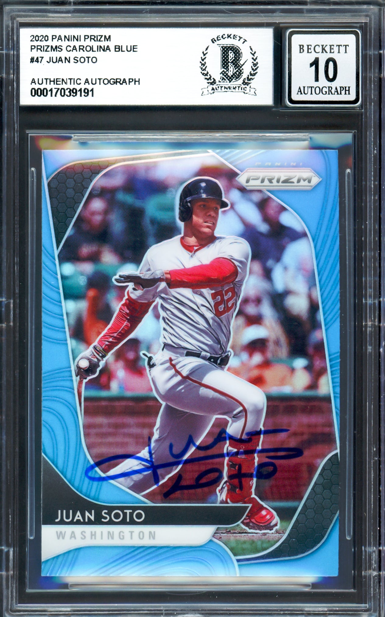 Juan Soto Autographed 2020 Panini Prizm Carolina Blue Card #47 New York Mets Auto Grade Gem Mint 10 Beckett BAS #17039191