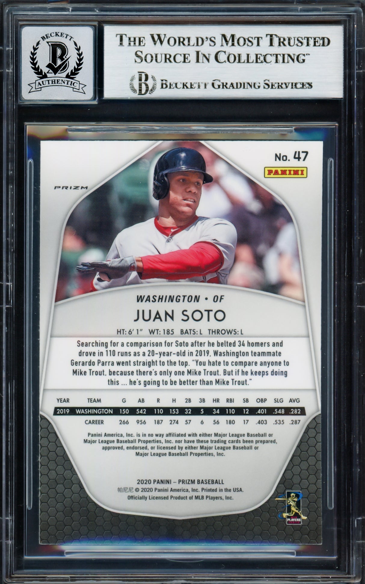 Juan Soto Autographed 2020 Panini Prizm Carolina Blue Card #47 New York Mets Auto Grade Gem Mint 10 Beckett BAS #17039191