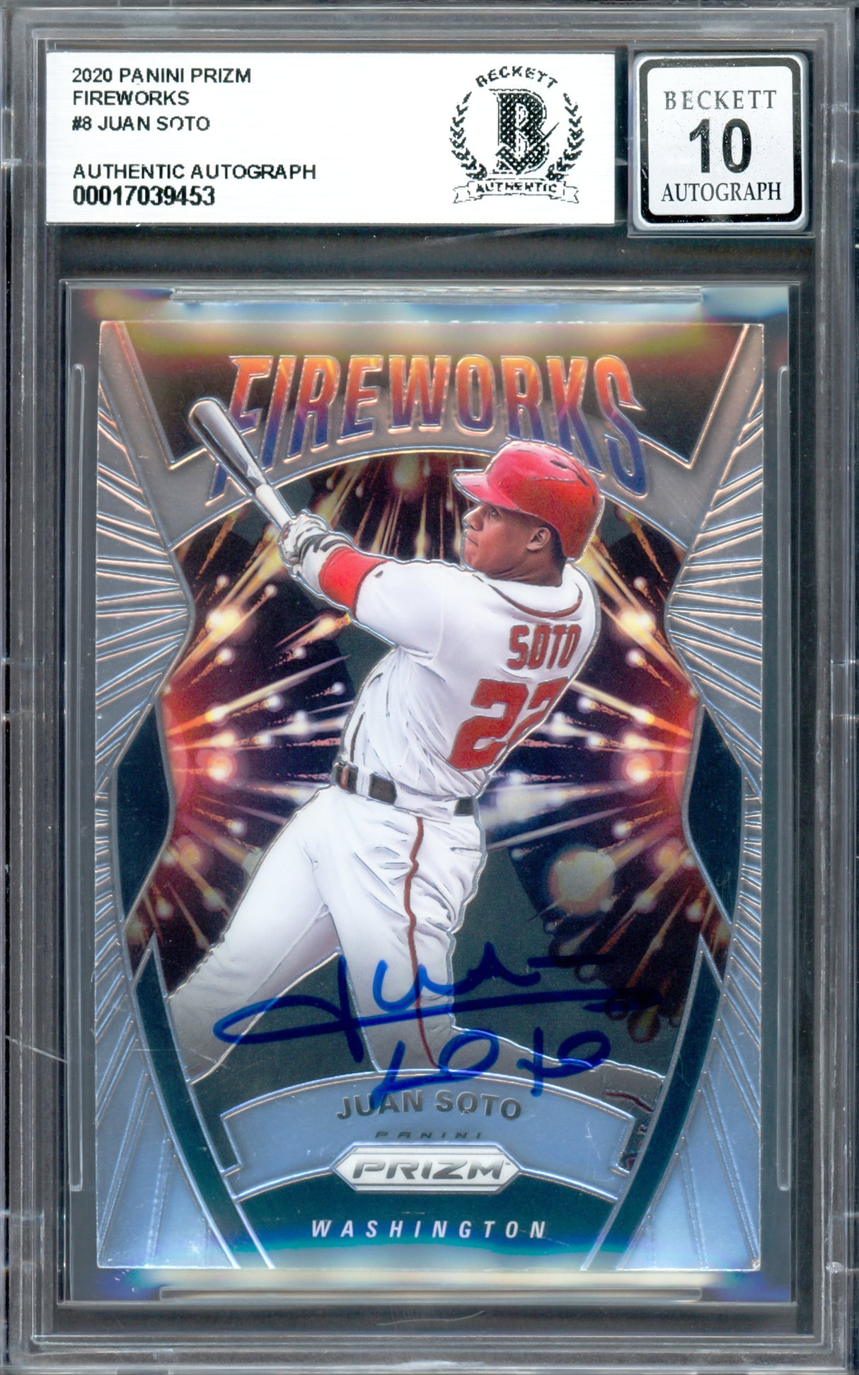 Juan Soto Autographed 2020 Panini Prizm Fireworks Card #F8 New York Mets Auto Grade Gem Mint 10 Beckett BAS #17039453