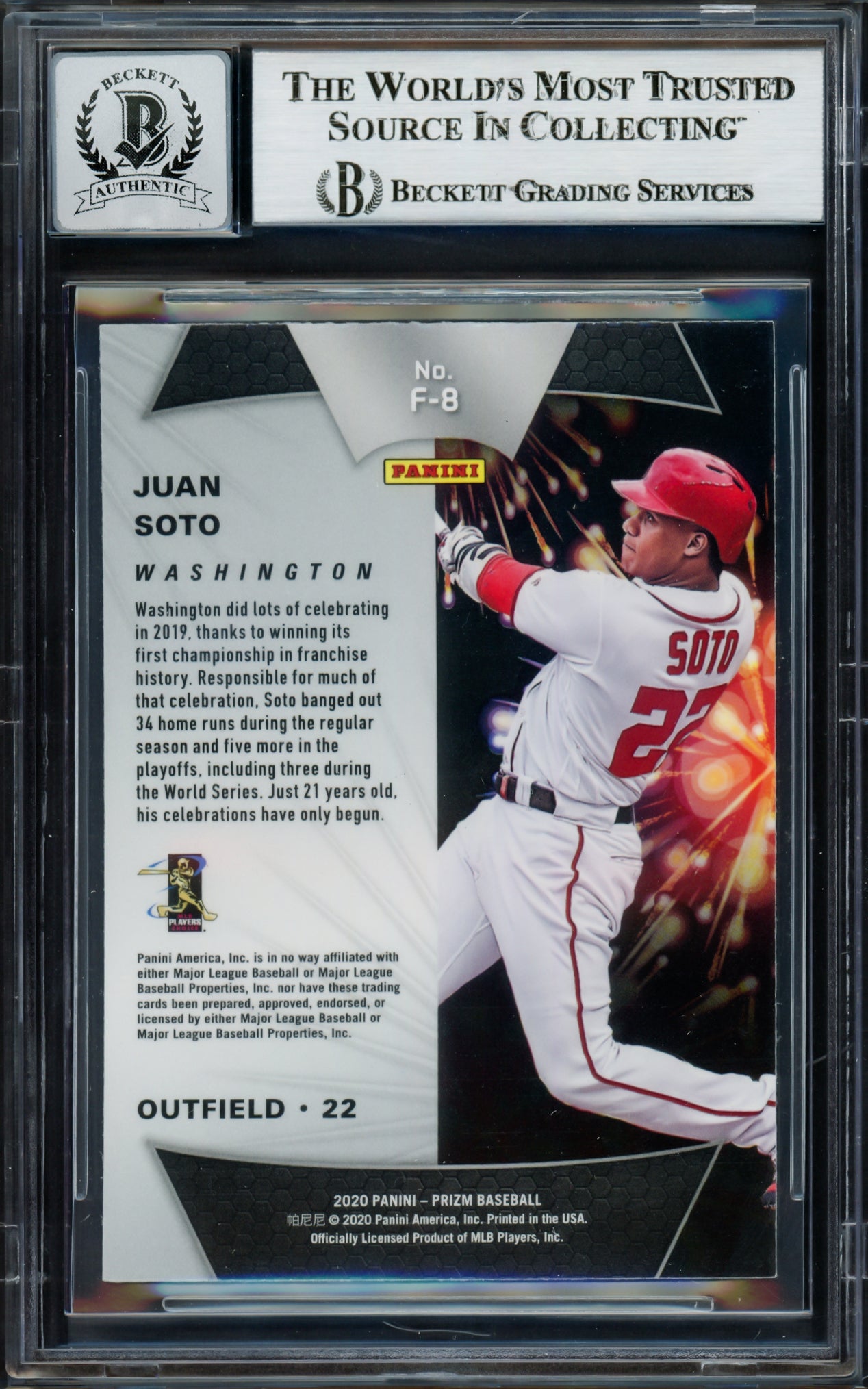 Juan Soto Autographed 2020 Panini Prizm Fireworks Card #F8 New York Mets Auto Grade Gem Mint 10 Beckett BAS #17039453