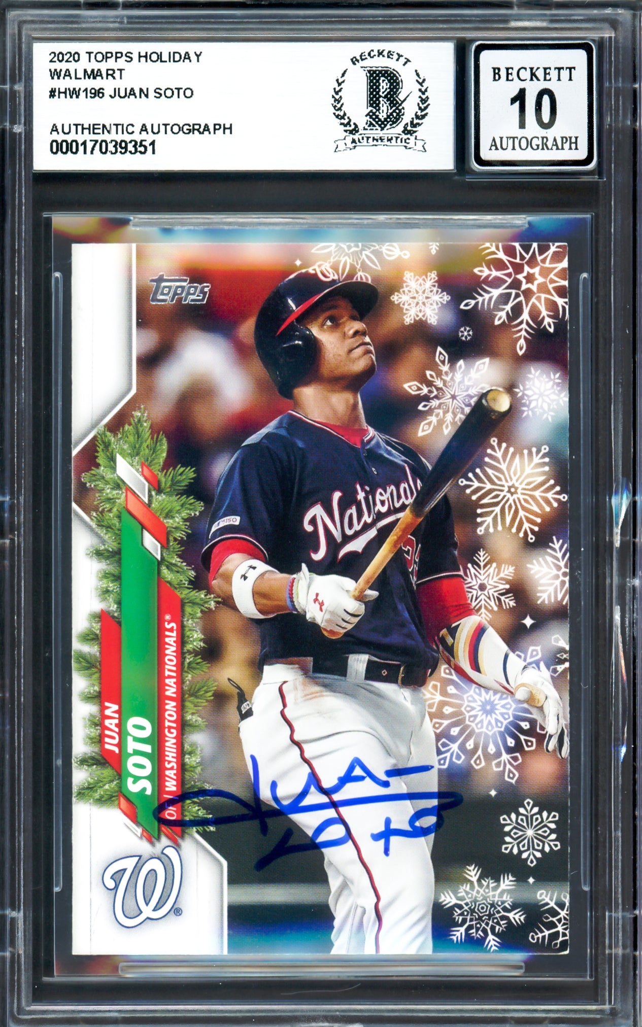Juan Soto Autographed 2020 Topps Walmart Holiday Card #HW196 New York Mets Auto Grade Gem Mint 10 Beckett BAS #17039351