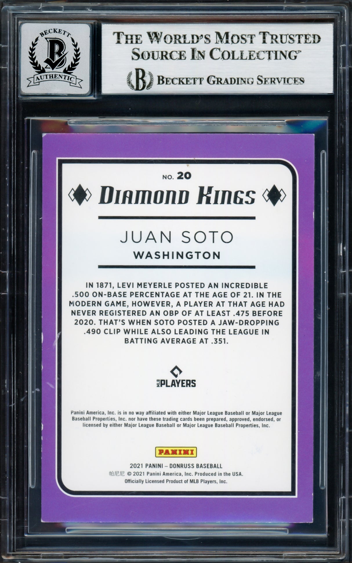 Juan Soto Autographed 2021 Donruss Diamond Kings Card #20 New York Mets Auto Grade Gem Mint 10 Beckett BAS #17039261