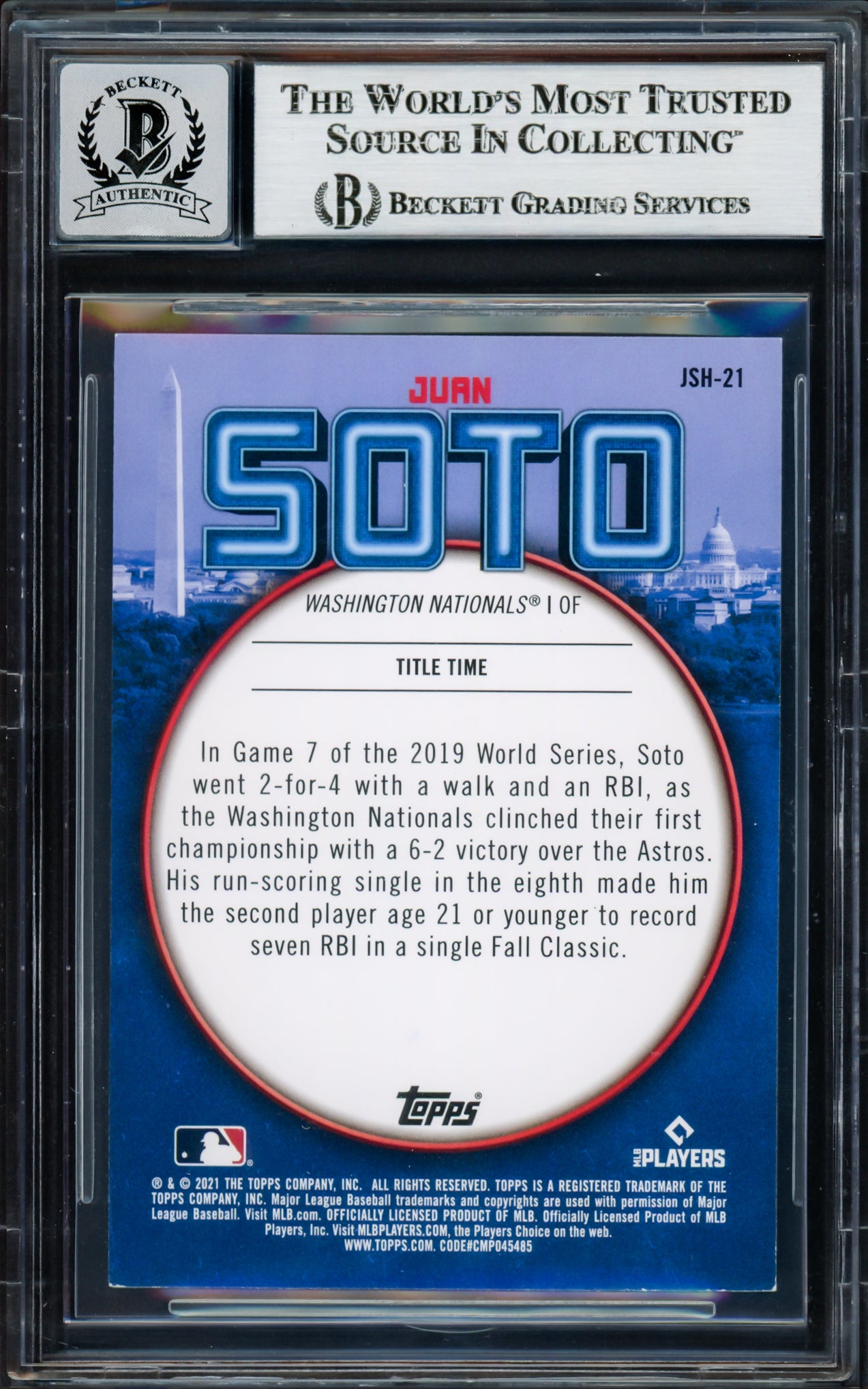 Juan Soto Autographed 2021 Topps Highlights Card #JSH21 New York Mets Auto Grade Gem Mint 10 Beckett BAS #17039253