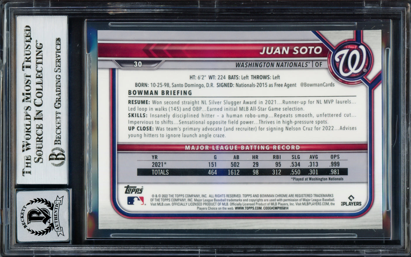 Juan Soto Autographed 2022 Bowman Chrome Card #30 New York Mets Auto Grade Gem Mint 10 Beckett BAS #17039352