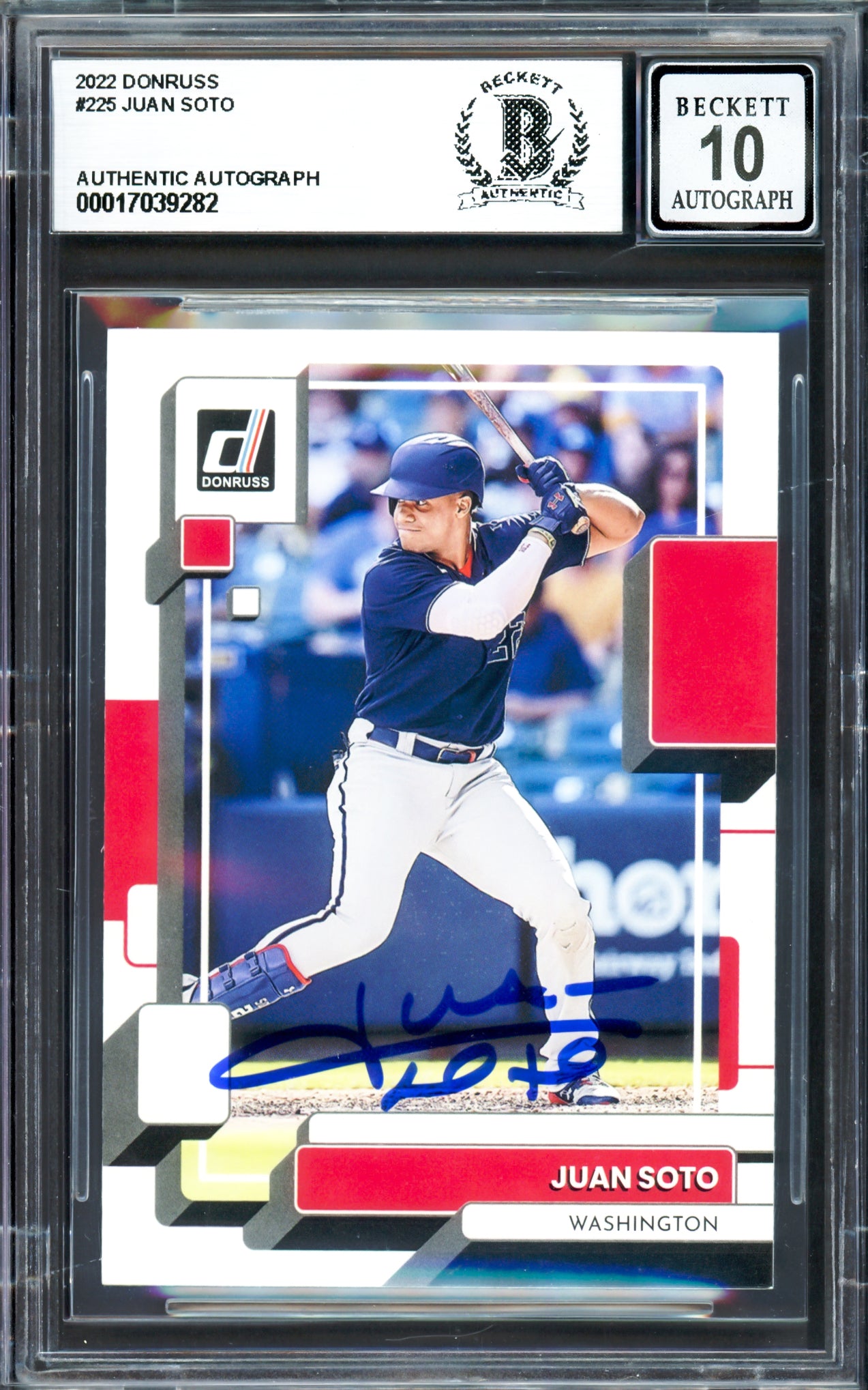 Juan Soto Autographed 2022 Donruss Variations Card #225 New York Mets Auto Grade Gem Mint 10 Beckett BAS #17039282