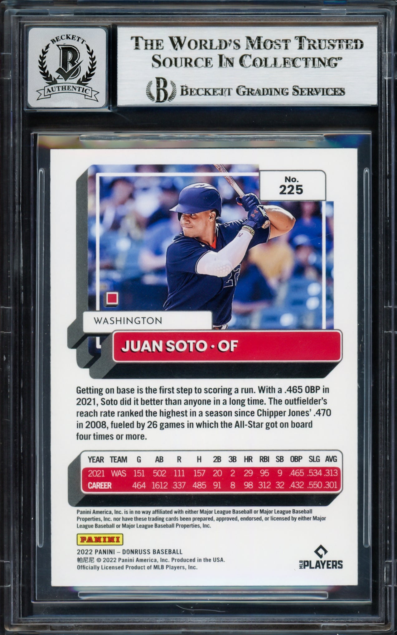 Juan Soto Autographed 2022 Donruss Variations Card #225 New York Mets Auto Grade Gem Mint 10 Beckett BAS #17039282