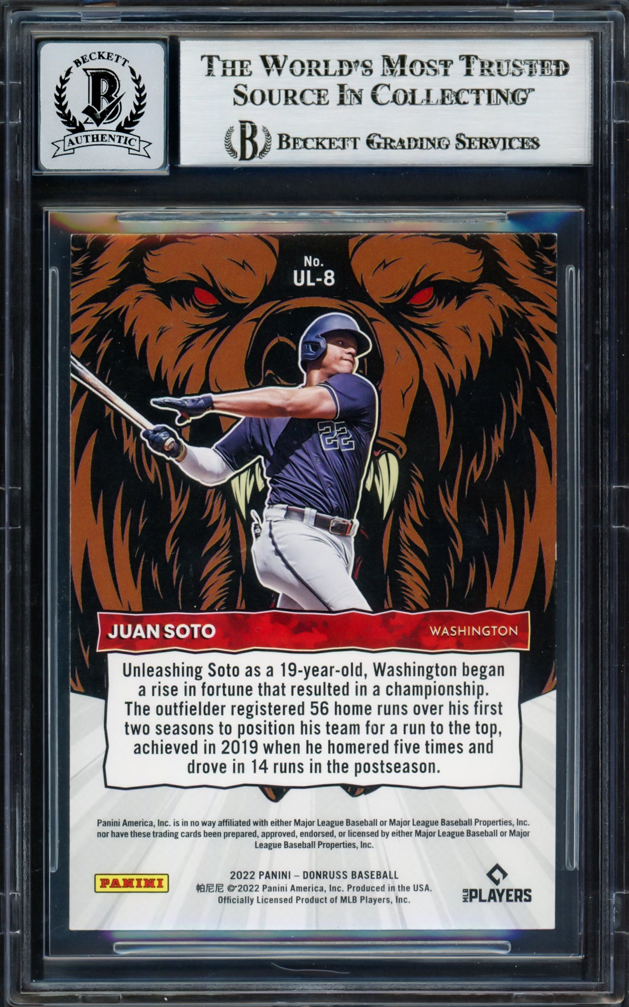 Juan Soto Autographed 2022 Donruss Unleashed Card #UL8 New York Mets Auto Grade Gem Mint 10 Beckett BAS #17039288
