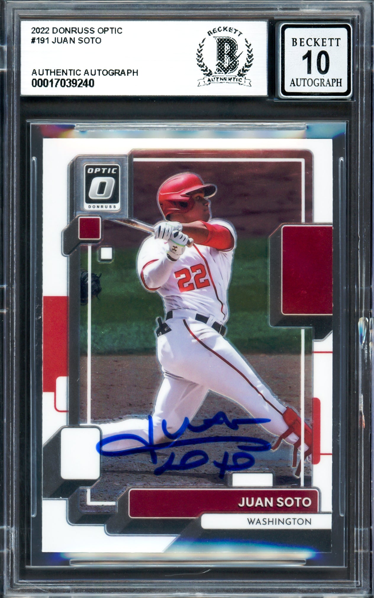 Juan Soto Autographed 2022 Donruss Optic Card #191 New York Mets Auto Grade Gem Mint 10 Beckett BAS #17039240