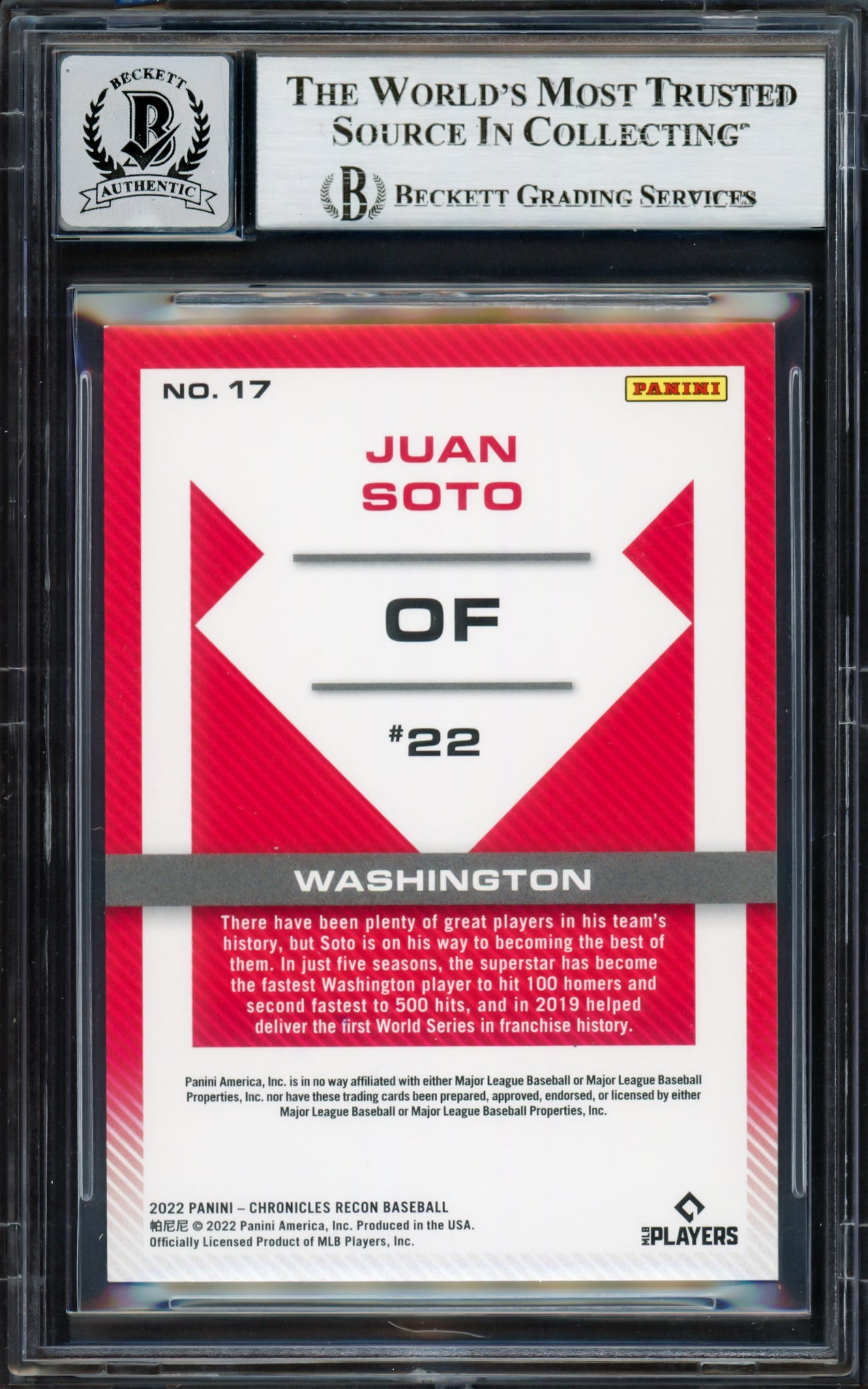 Juan Soto Autographed 2022 Panini Recon Card #17 New York Mets Auto Grade Gem Mint 10 Beckett BAS #17039237