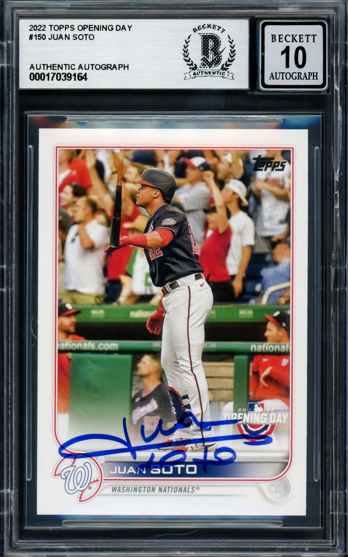 Juan Soto Autographed 2022 Topps Opening Day Card #150 New York Mets Auto Grade Gem Mint 10 Beckett BAS #17039164