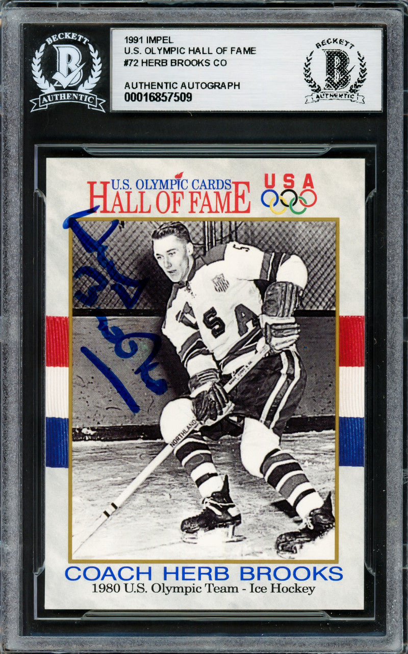 Herb Brooks Autographed 1991 Impel Card #72 1980 Team USA Beckett BAS Stock #234384