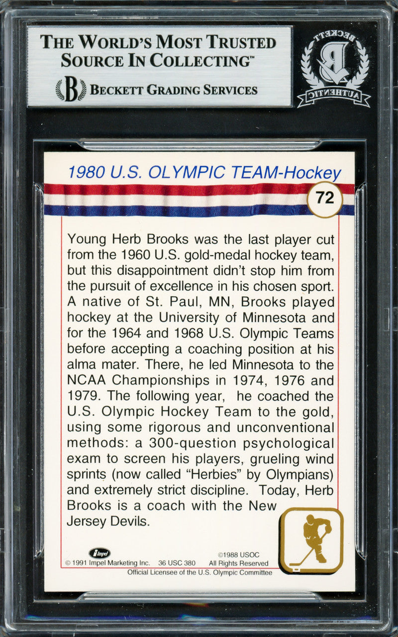 Herb Brooks Autographed 1991 Impel Card #72 1980 Team USA Beckett BAS Stock #234384
