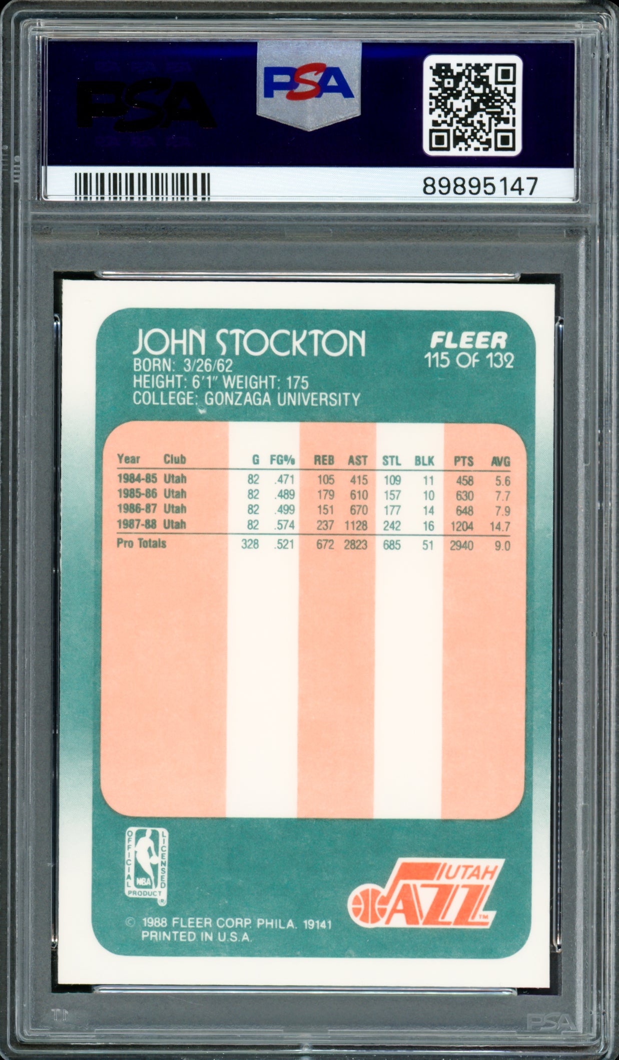 John Stockton Autographed 1988 Fleer Rookie Card #115 Utah Jazz PSA 9 Auto Grade Gem Mint 10 PSA/DNA #89895147