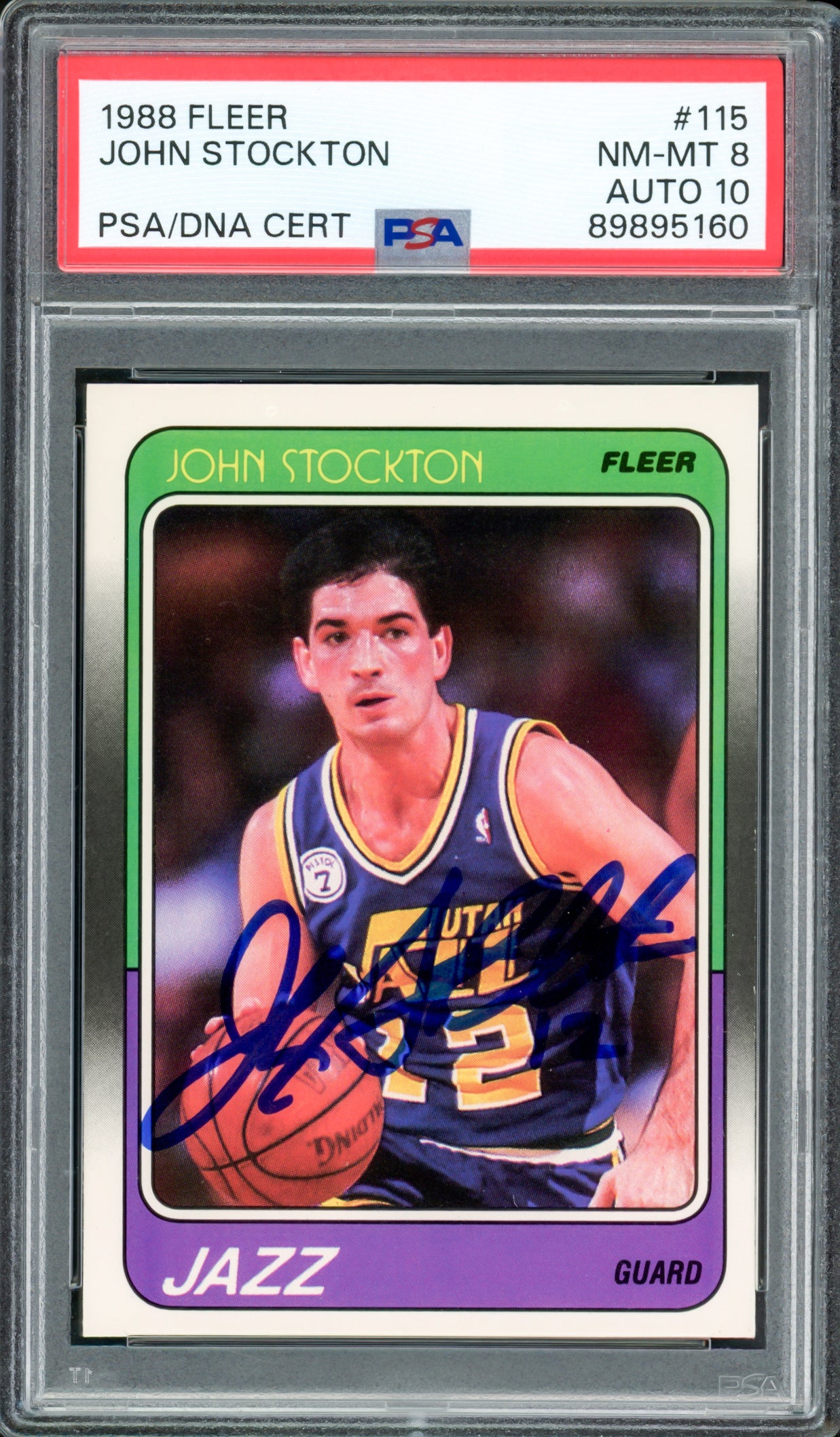John Stockton Autographed 1988 Fleer Rookie Card #115 Utah Jazz PSA 8 Auto Grade Gem Mint 10 PSA/DNA #89895160