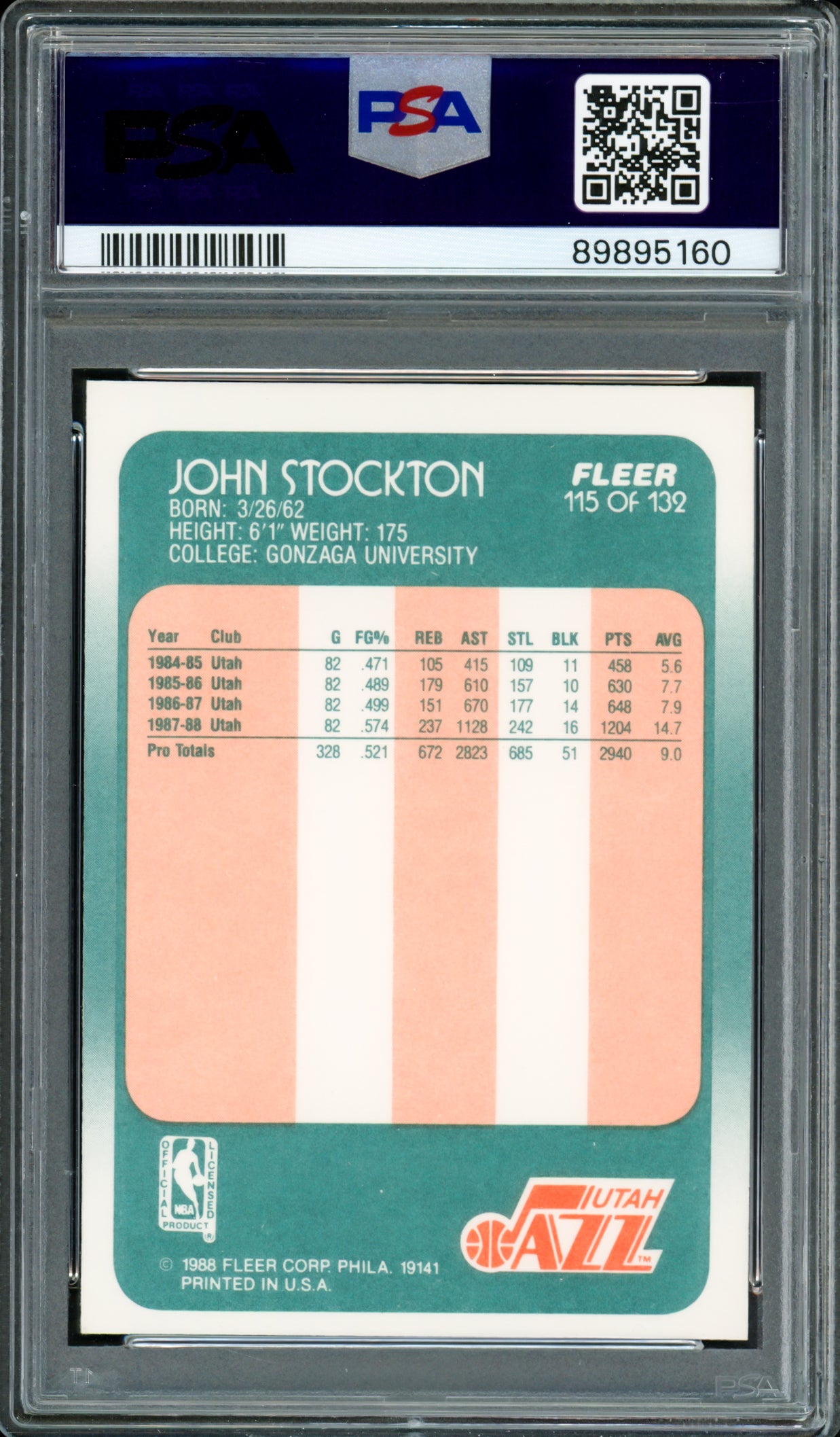 John Stockton Autographed 1988 Fleer Rookie Card #115 Utah Jazz PSA 8 Auto Grade Gem Mint 10 PSA/DNA #89895160