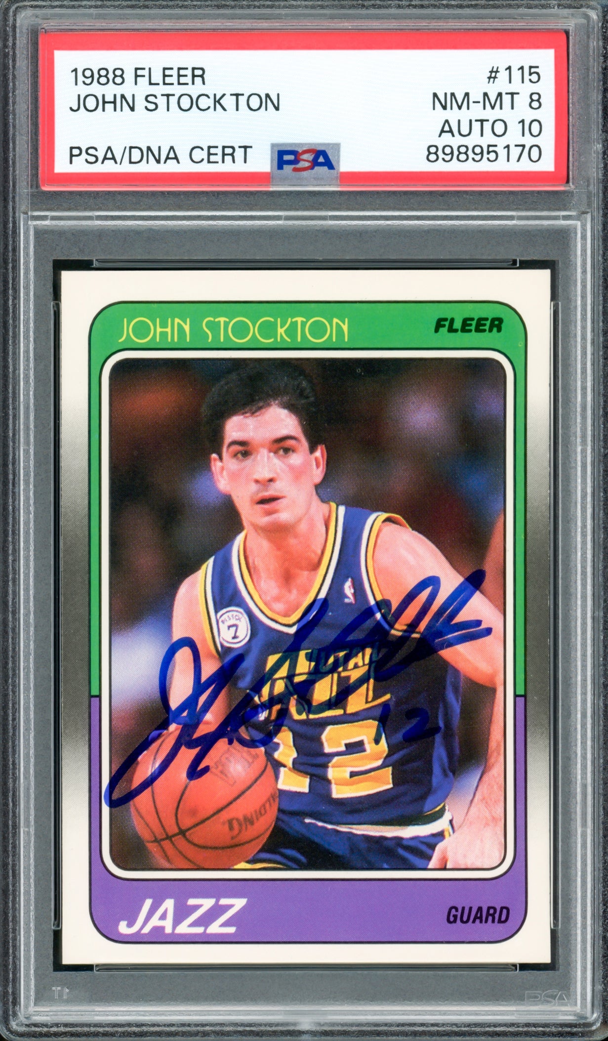 John Stockton Autographed 1988 Fleer Rookie Card #115 Utah Jazz PSA 8 Auto Grade Gem Mint 10 PSA/DNA #89895170