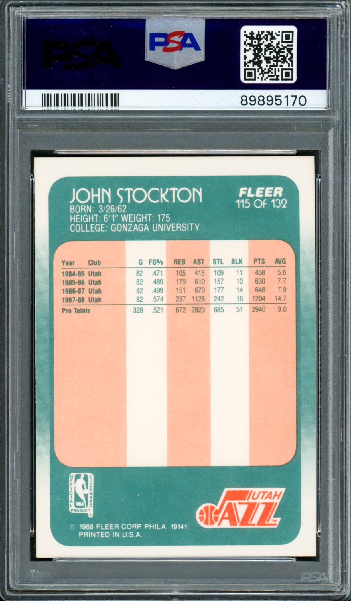 John Stockton Autographed 1988 Fleer Rookie Card #115 Utah Jazz PSA 8 Auto Grade Gem Mint 10 PSA/DNA #89895170