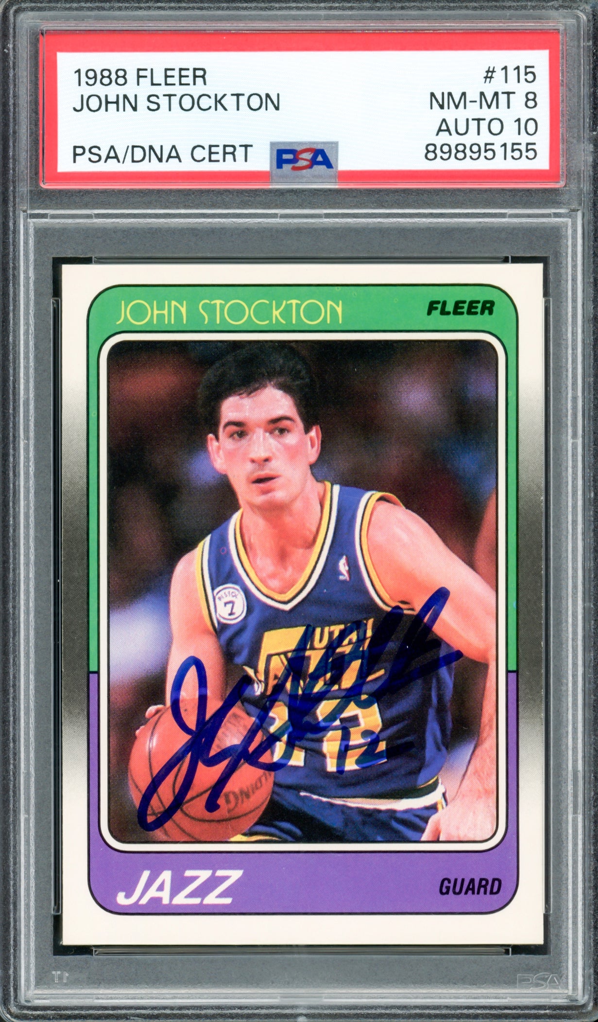 John Stockton Autographed 1988 Fleer Rookie Card #115 Utah Jazz PSA 8 Auto Grade Gem Mint 10 PSA/DNA #89895155