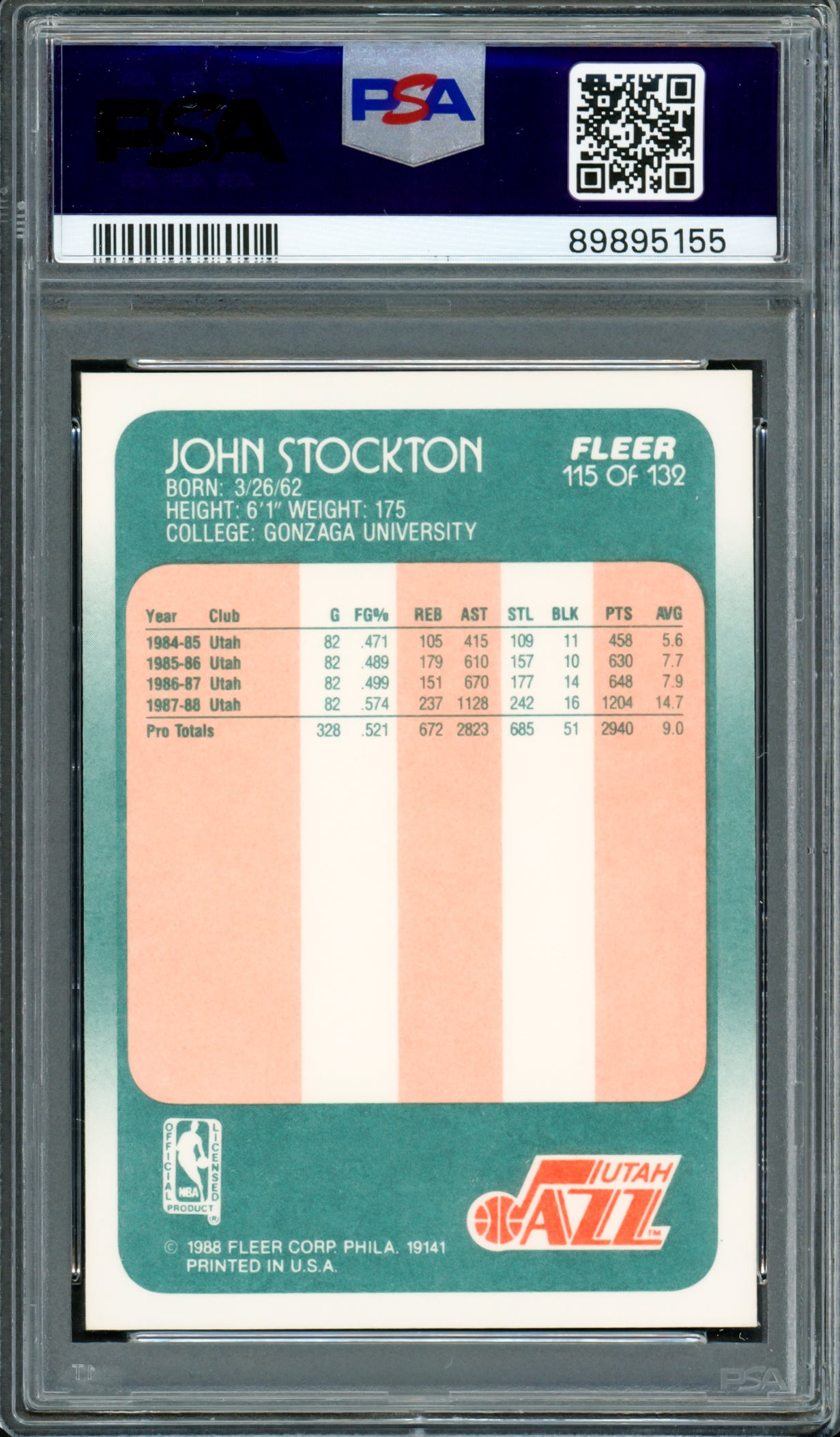 John Stockton Autographed 1988 Fleer Rookie Card #115 Utah Jazz PSA 8 Auto Grade Gem Mint 10 PSA/DNA #89895155