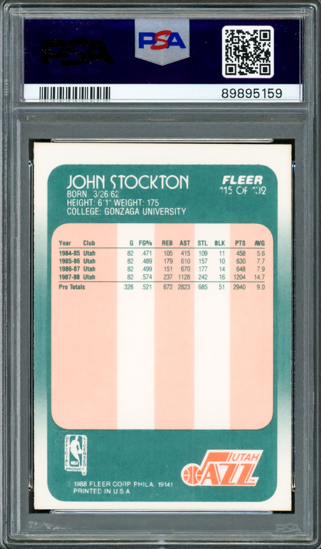 John Stockton Autographed 1988 Fleer Rookie Card #115 Utah Jazz PSA 8 Auto Grade Gem Mint 10 PSA/DNA #89895159