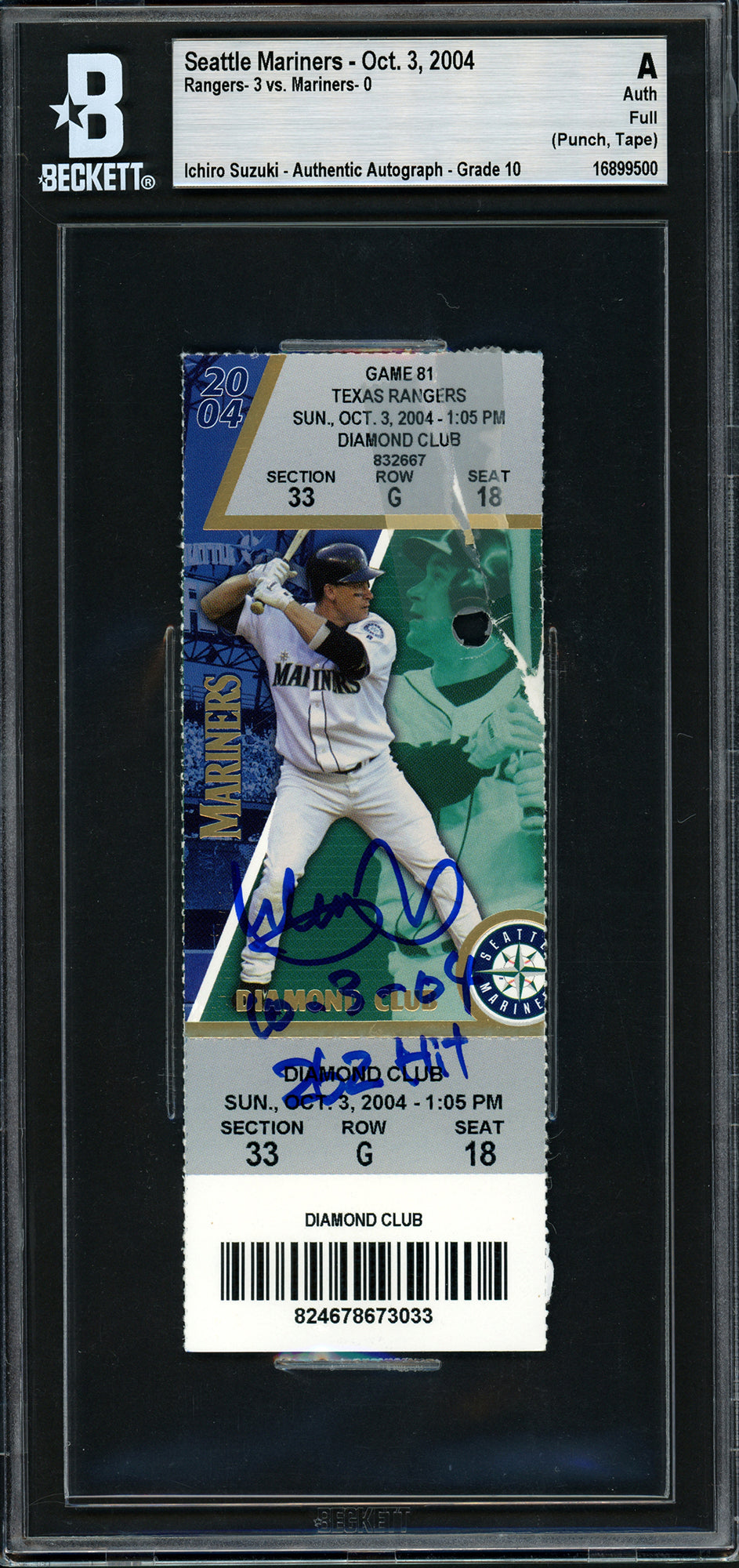 Ichiro Suzuki Autographed October 3rd, 2004 Ticket Seattle Mariners Auto Grade Gem Mint 10 "10-3-04 262 Hit" MLB Record Beckett BAS #16899500