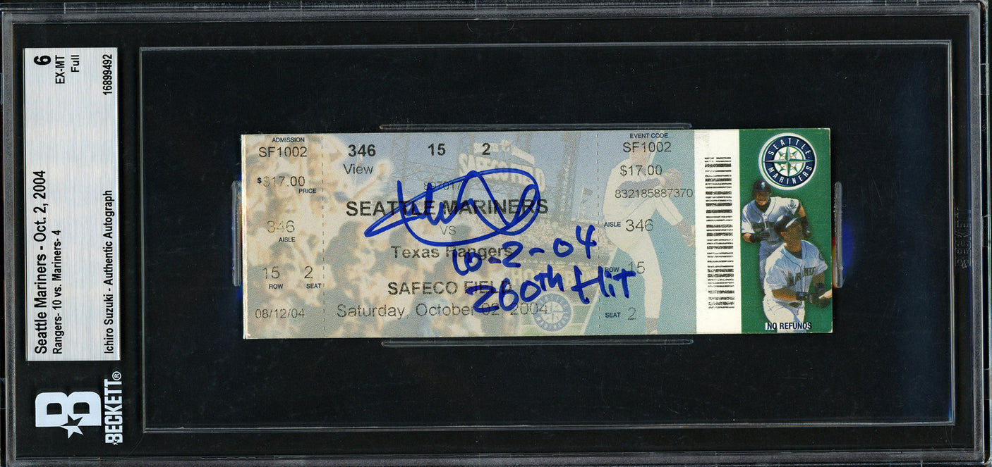 Ichiro Suzuki Autographed October 2nd, 2004 Ticket Seattle Mariners BGS 6 "10-2-04 260th Hit" Beckett BAS #16899492