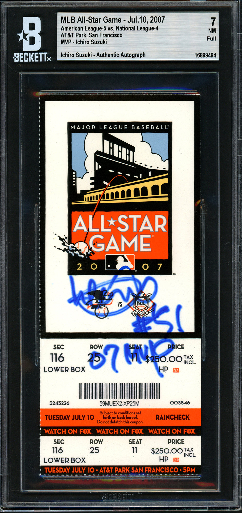 Ichiro Suzuki Autographed 2007 All Star Game Ticket Seattle Mariners BGS 7 "#51 07 MVP" Beckett BAS #16899494