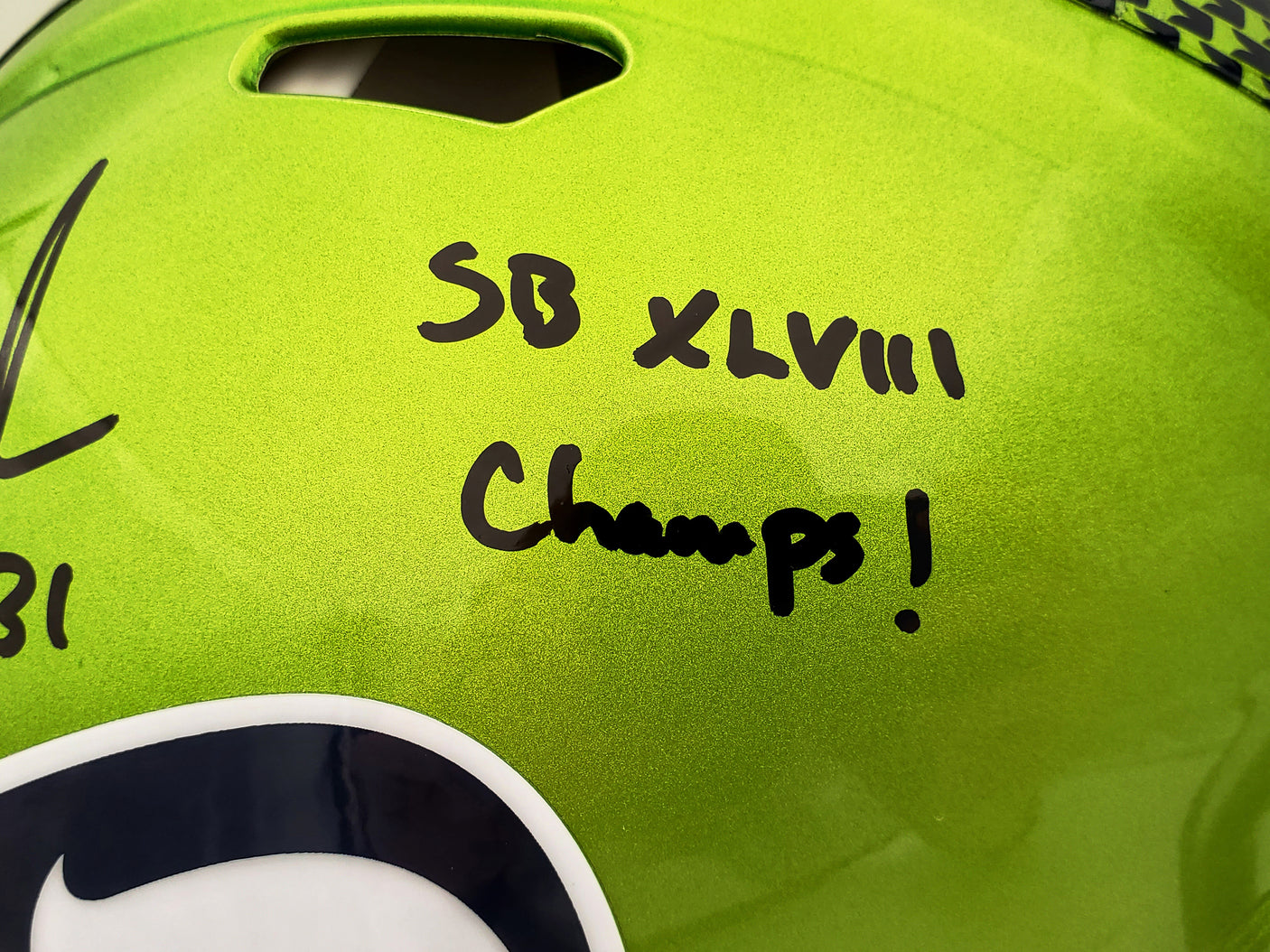 Kam Chancellor Autographed Seattle Seahawks Flash Green Full Size Authentic Speed Helmet "SB Champs" MCS Holo Stock #197182