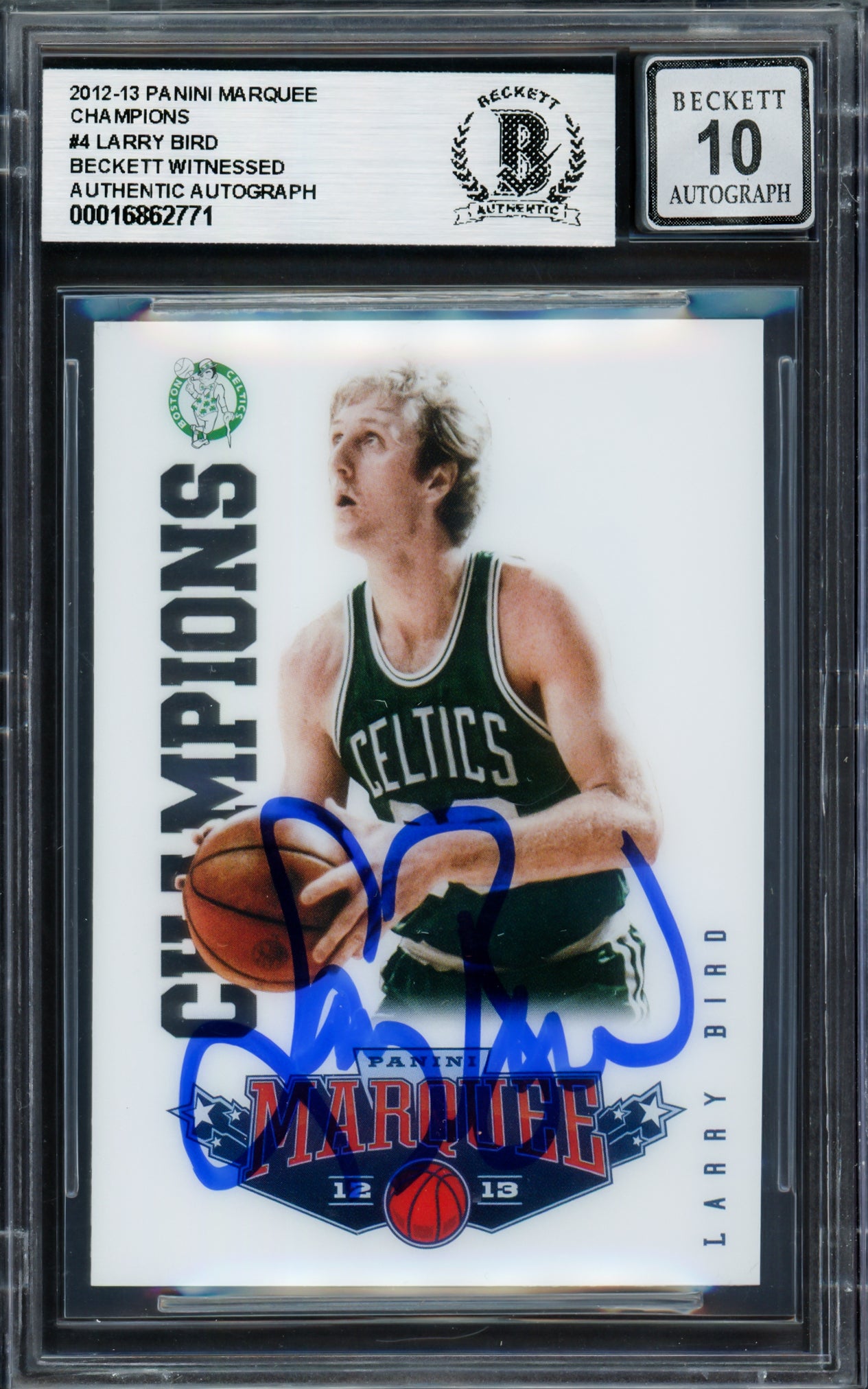 Larry Bird Autographed 2012-13 Panini Marquee Champions Card #4 Card Boston Celtics Auto Grade Gem Mint 10 Beckett BAS Witness Stock #235037