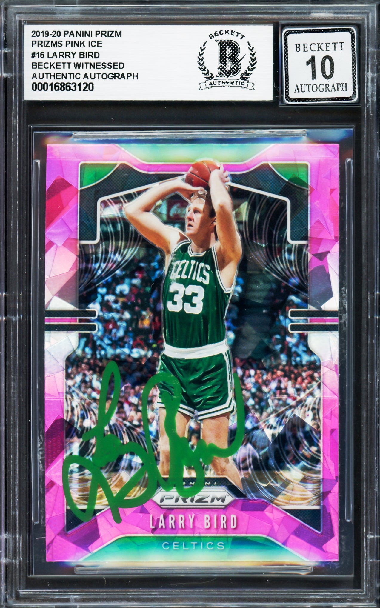 Larry Bird Autographed 2019-20 Panini Prizm Prizms Pink Ice Card #16 Card Boston Celtics Auto Grade Gem Mint 10 Beckett BAS Witness Stock #235038