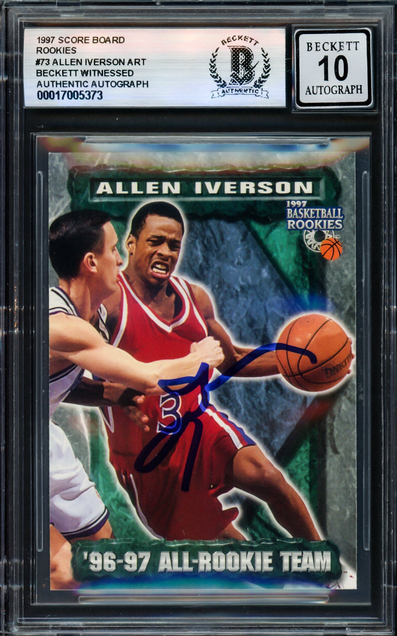 Allen Iverson Autographed 1997 Score Board Rookies Rookie Card #73 Card Philadelphia 76ers Auto Grade Gem Mint 10 Beckett BAS Witness Stock #235046
