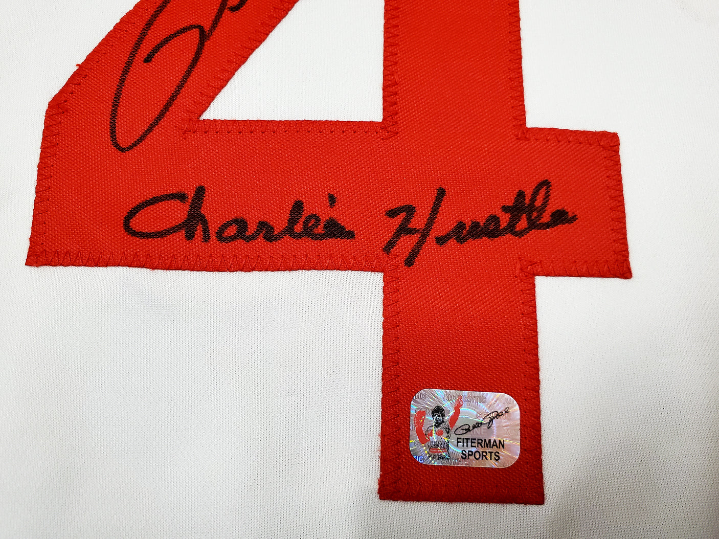 Cincinnati Reds Pete Rose Autographed White Jersey "Charlie Hustle" PR Holo Stock #197039