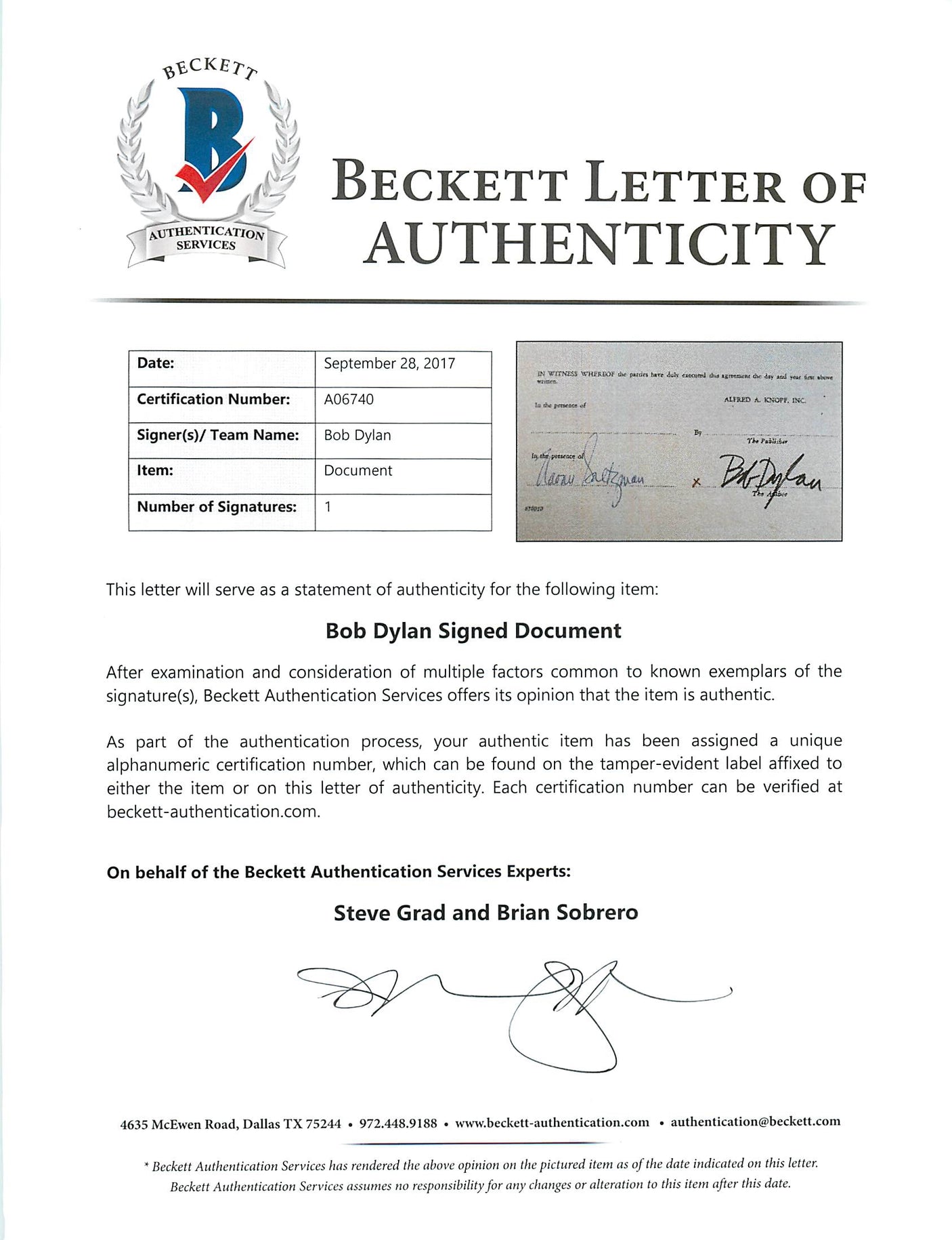 Bob Dylan Signed 1972 2 Pg "Writings & Drawings" Publishing Contract BAS #A06740