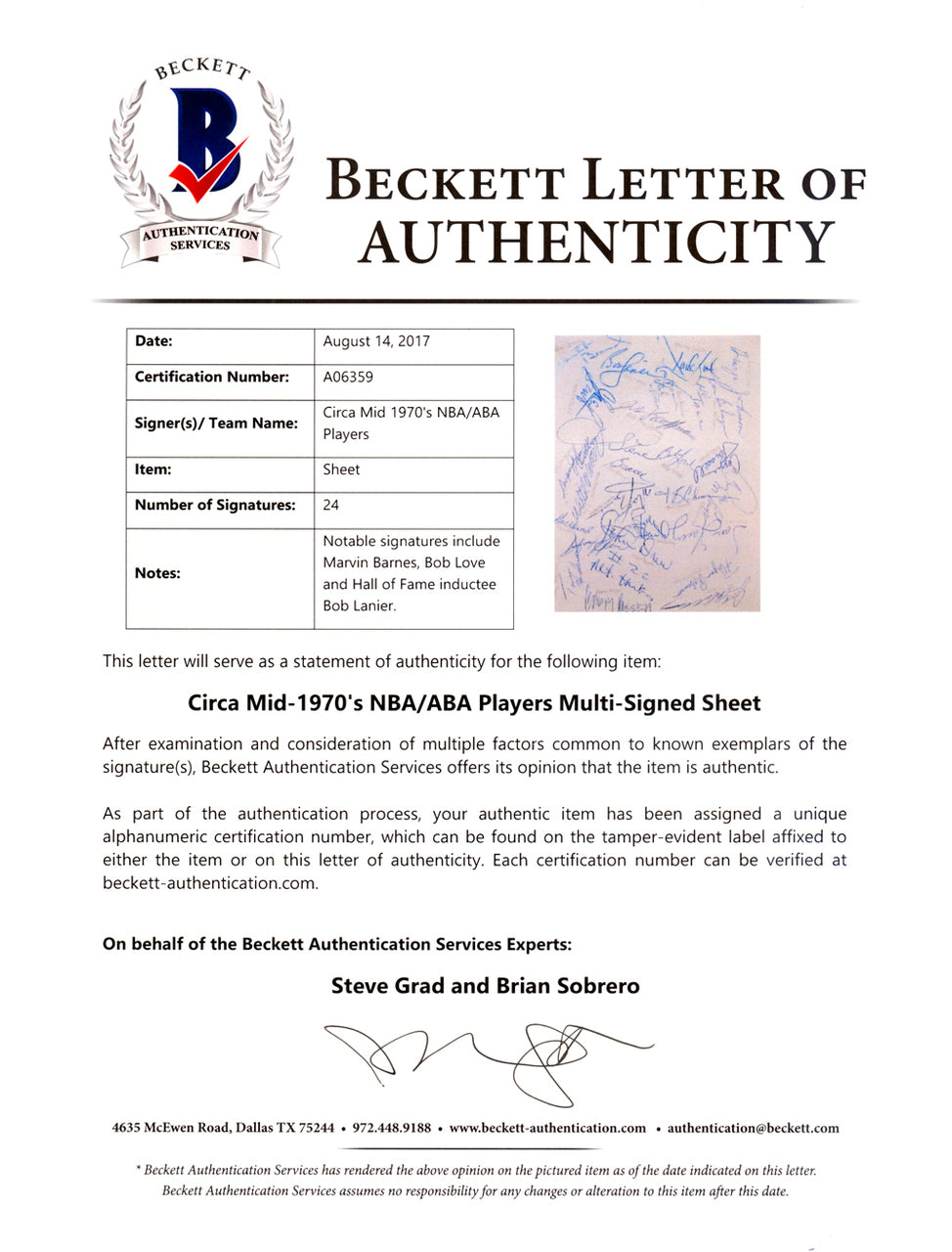 1970's NBA/ABA Greats Autographed 8.5x11 Photo With 24 Total signatures Including John Williamson Beckett BAS #A06359