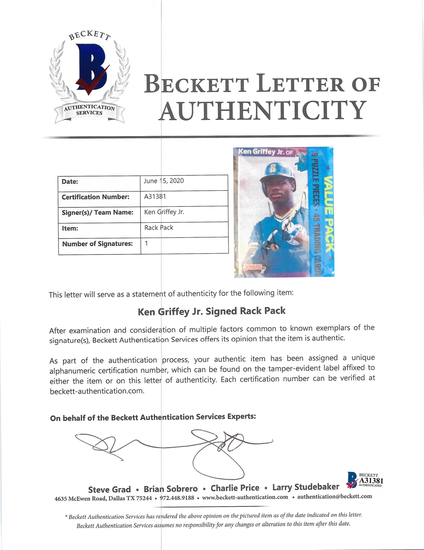 Ken Griffey Jr. Autographed 1989 Donruss Baseball Sealed Rack Pack Rookie Card #33 Seattle Mariners Vintage Beckett BAS #A31381