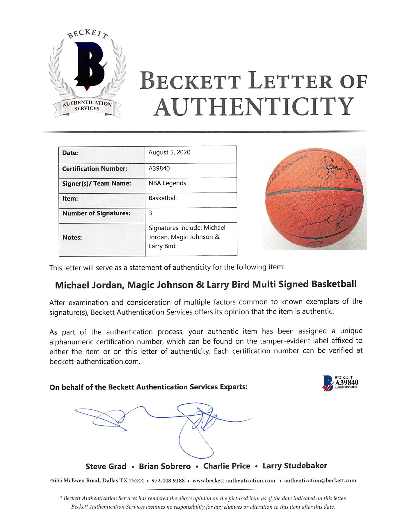 NBA HOF Legends (3) Jordan, Bird & Johnson Signed NBA Basketball BAS #A39840