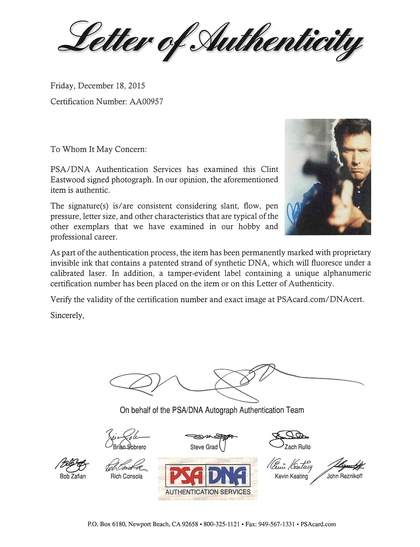 Clint Eastwood Dirty Harry Authentic Signed 8x10 Photo PSA/DNA #AA00957