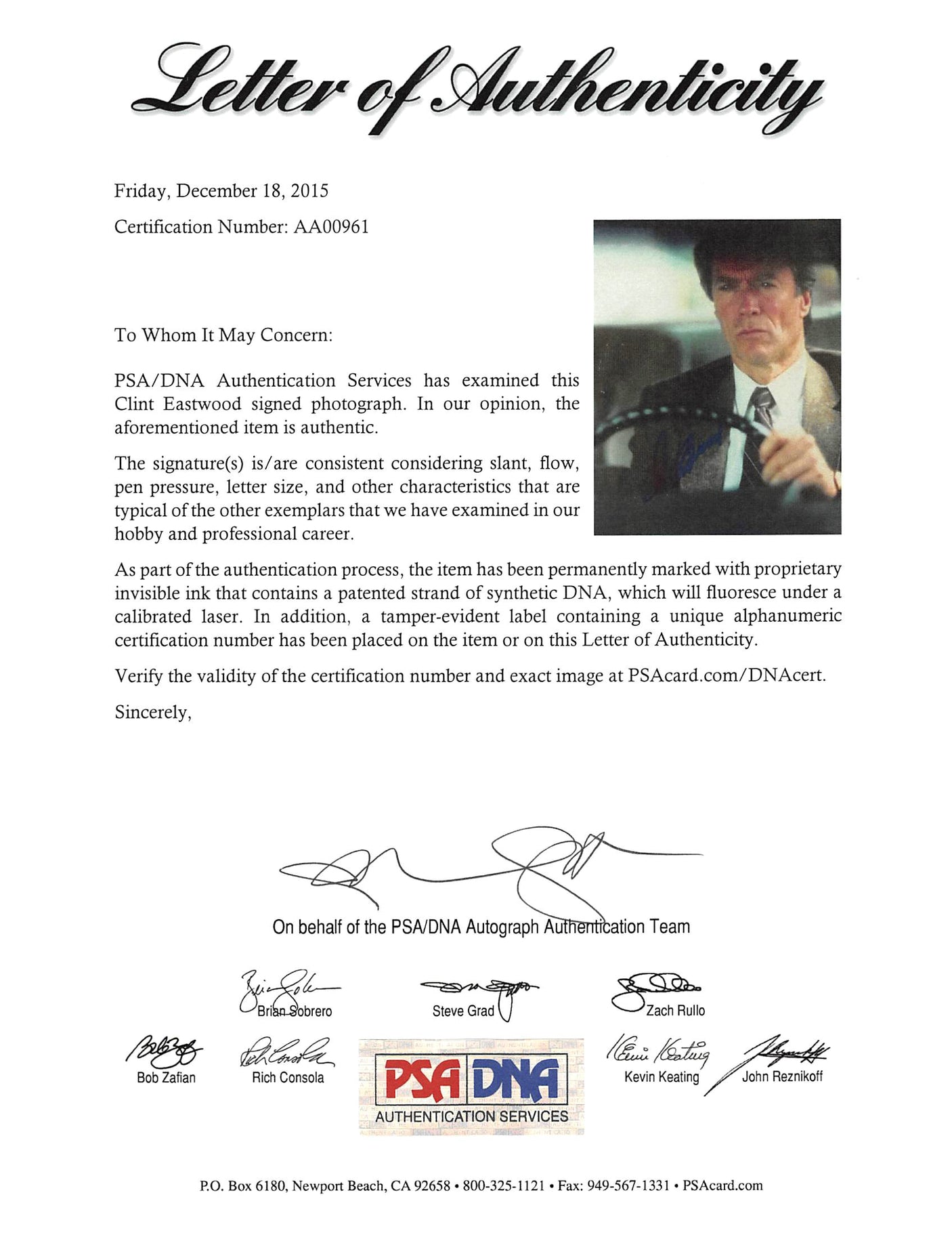 Clint Eastwood Dirty Harry Authentic Signed 8x10 Photo PSA/DNA #AA00961