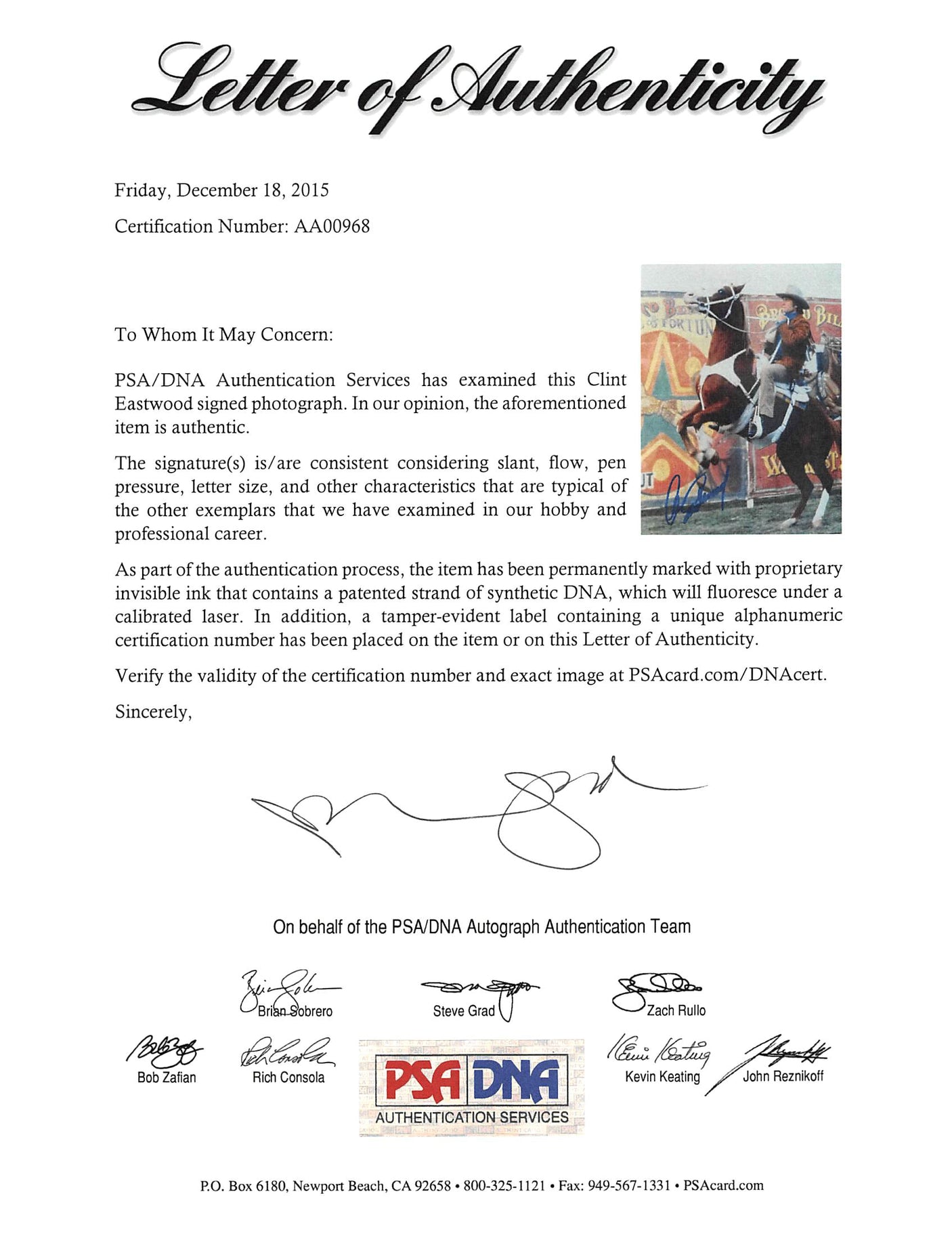 Clint Eastwood Bronco Billy Authentic Signed 8x10 Photo PSA/DNA #AA00968