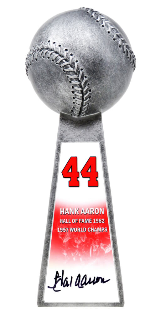 Hank Aaron Signed Baseball World Champion 14 Inch Replica Silver Trophy