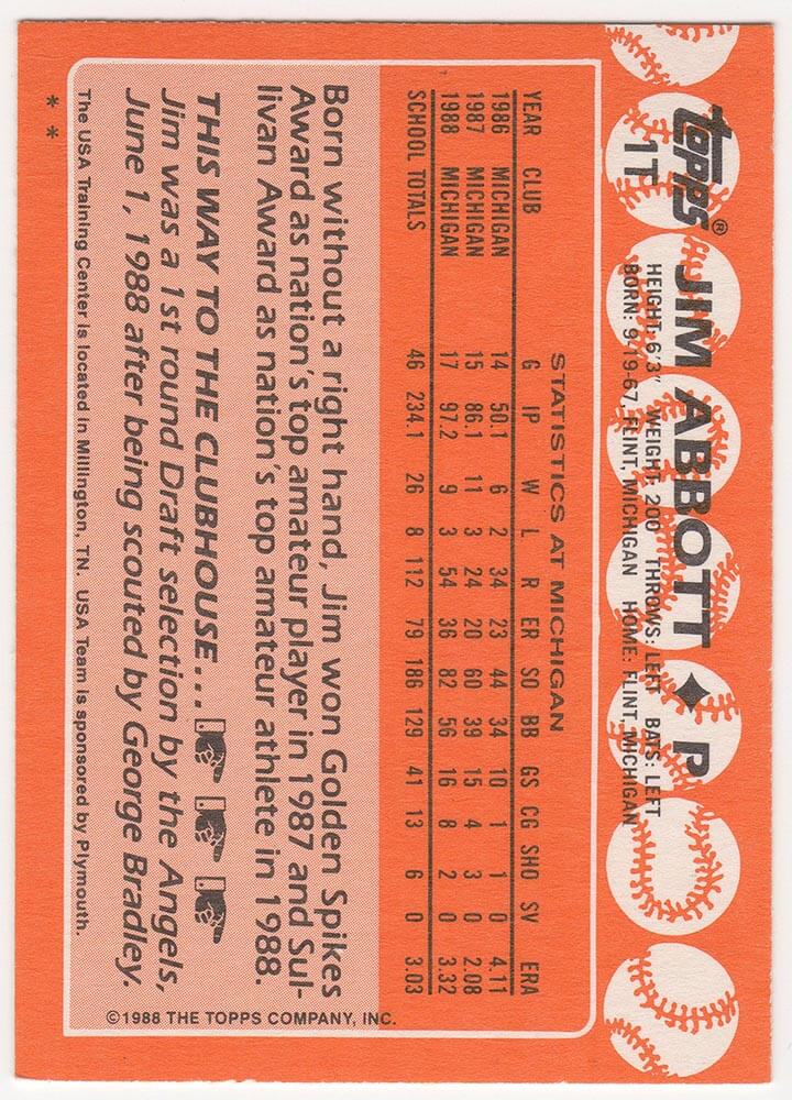 Jim Abbott Signed Team USA 1989 Topps Traded Rookie Baseball Card #1T