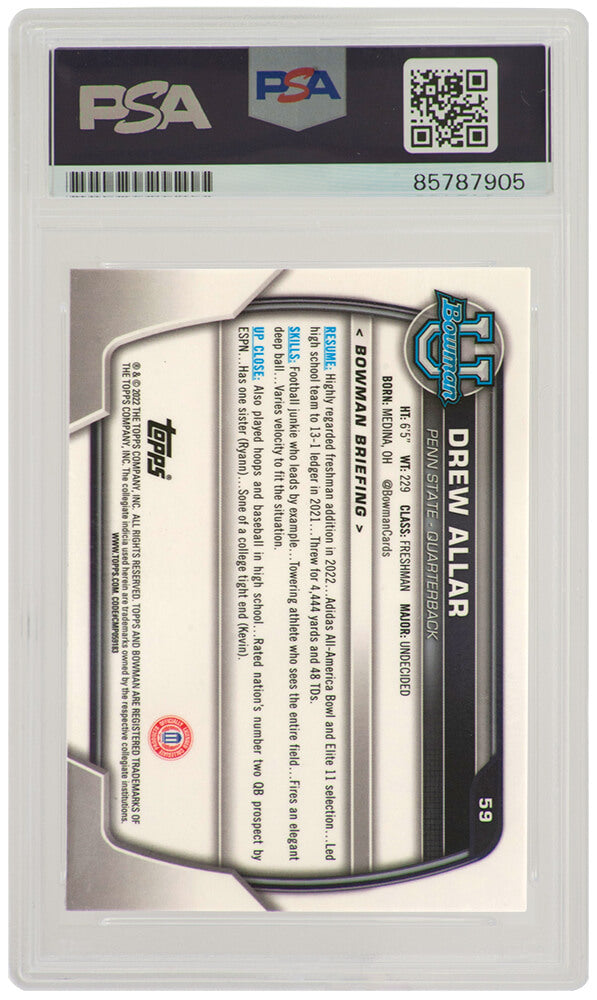 Drew Allar Signed Penn State 2022 Bowman University Pink Refractor Chrome Football Card #59 - (PSA Encapsulated)